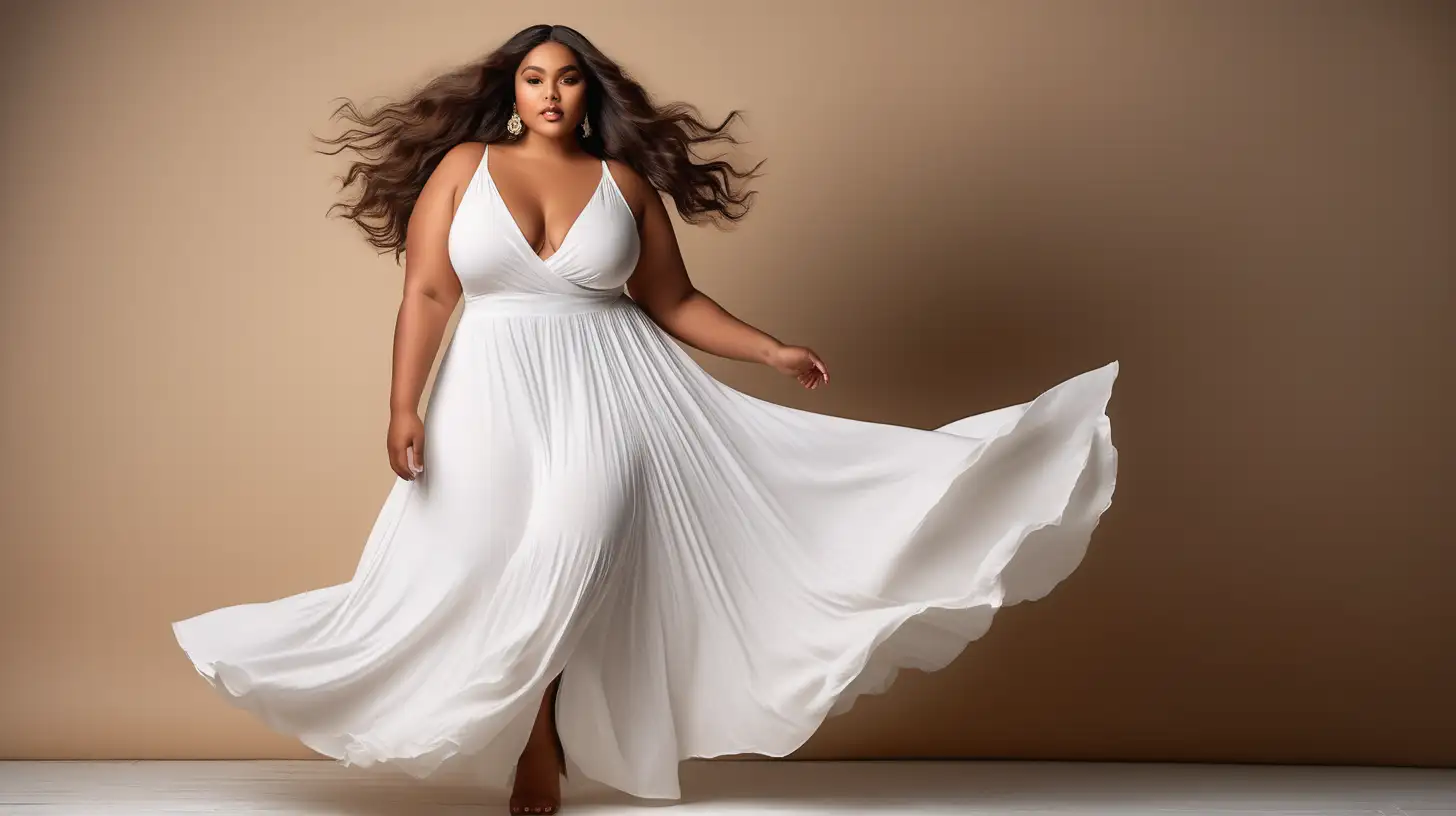 sexy, beautiful, romantic, stylish plus size model, light brown skin, long sensual flowing hair,  shapely neck, wearing a pure white stretch knit summer dress with a maxi length full flared skirt, deep surplice neck bodice,  wider straps on the bodice, dancing, studio fashion photography, large paper flowers on the background