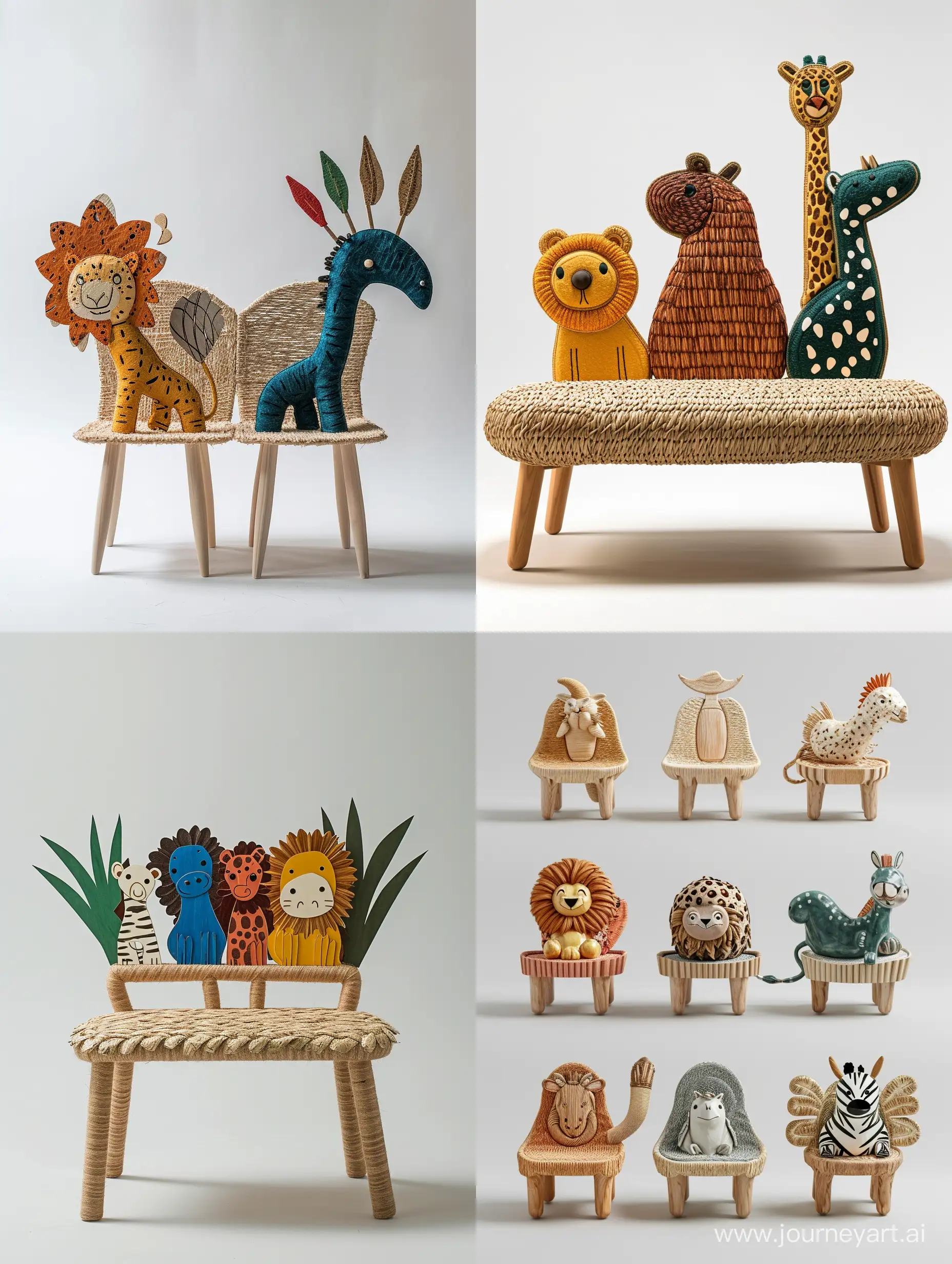 imagine an image of a minimal sturdy children’s big chair inspired by Children's drawing of cute safari animals like cute lion or zebra or griffin or cheetah or hippocampus , with backrests shaped like different creatures. Use recycled wood for the frame and woven plant fibers for seating areas, depicted in colors representative of the chosen animals. The seat should stand approximately 30cm tall, built to educate about wildlife and ensure durability.unreal ,realistic style