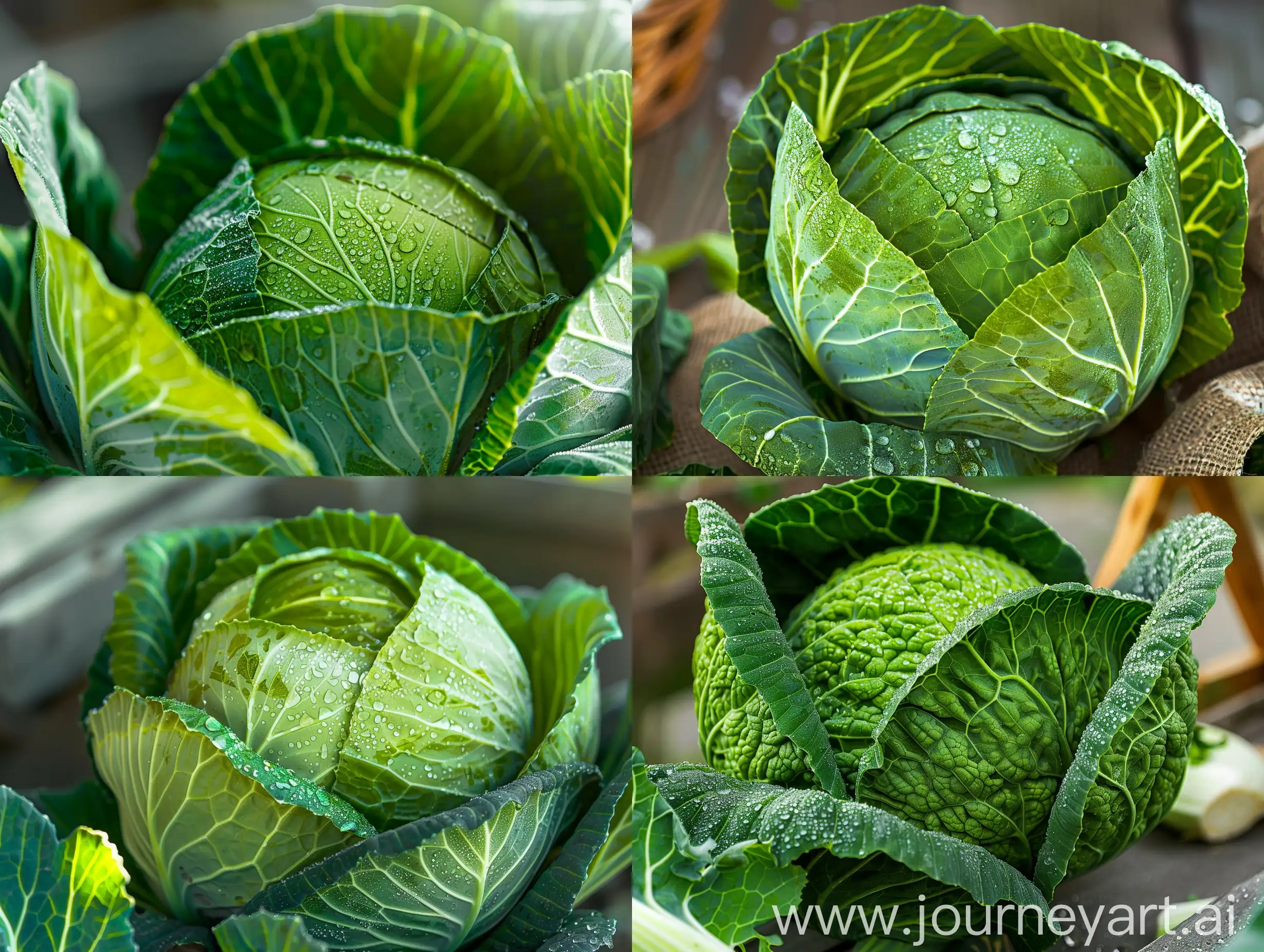 Close-up view of a beautiful cabbage head with dew droplets on the green fresh leaves in an organic farm (a leafy plant grown as an annual vegetable, rich in vitamins, minerals and dietary fiber)