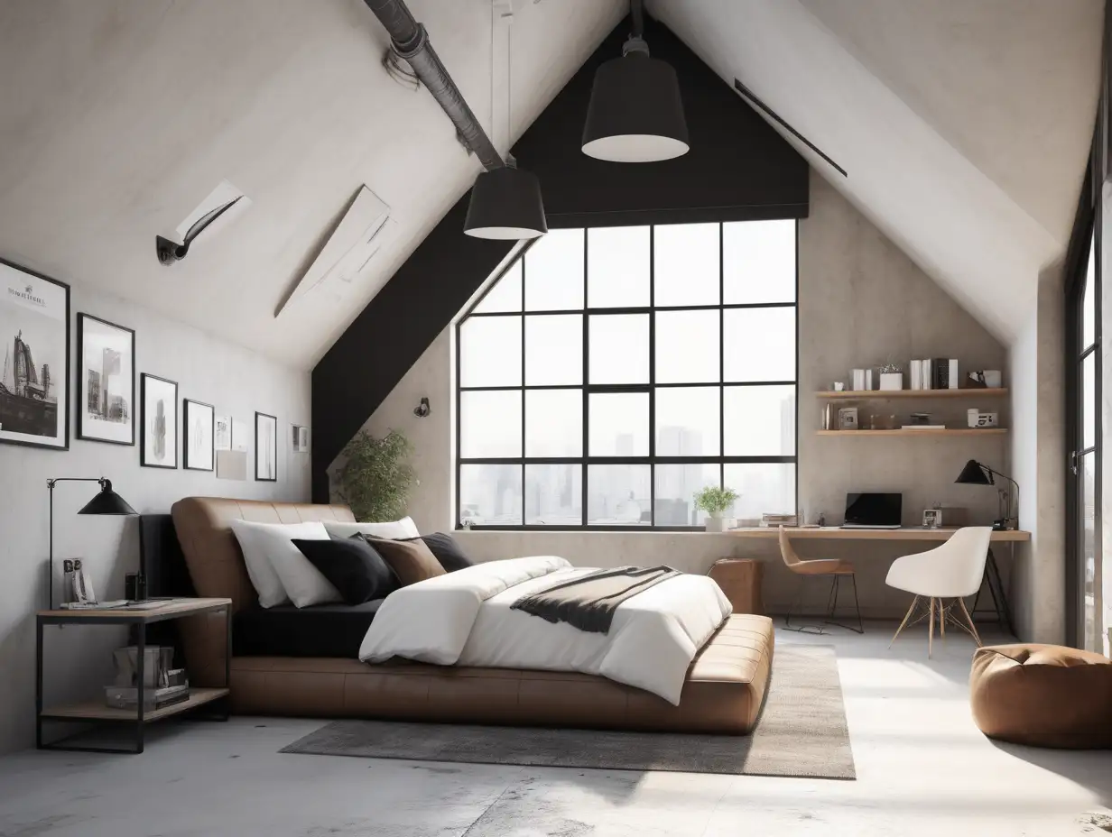 Luxurious Industrial Bedroom with Modern Work Desk and Comfortable Latte Beanbag