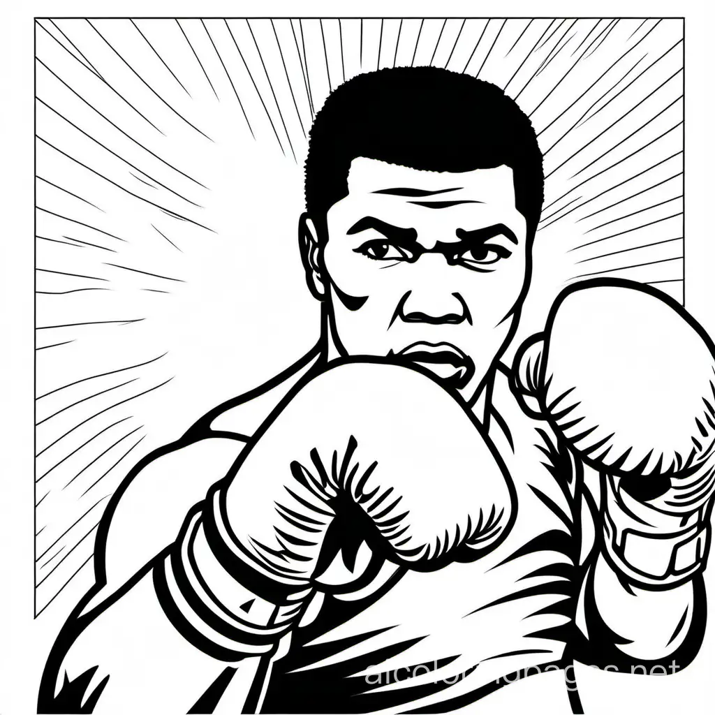 Muhammad Ali , Coloring Page, black and white, line art, white background, Simplicity, Ample White Space. The background of the coloring page is plain white to make it easy for young children to color within the lines. The outlines of all the subjects are easy to distinguish, making it simple for kids to color without too much difficulty