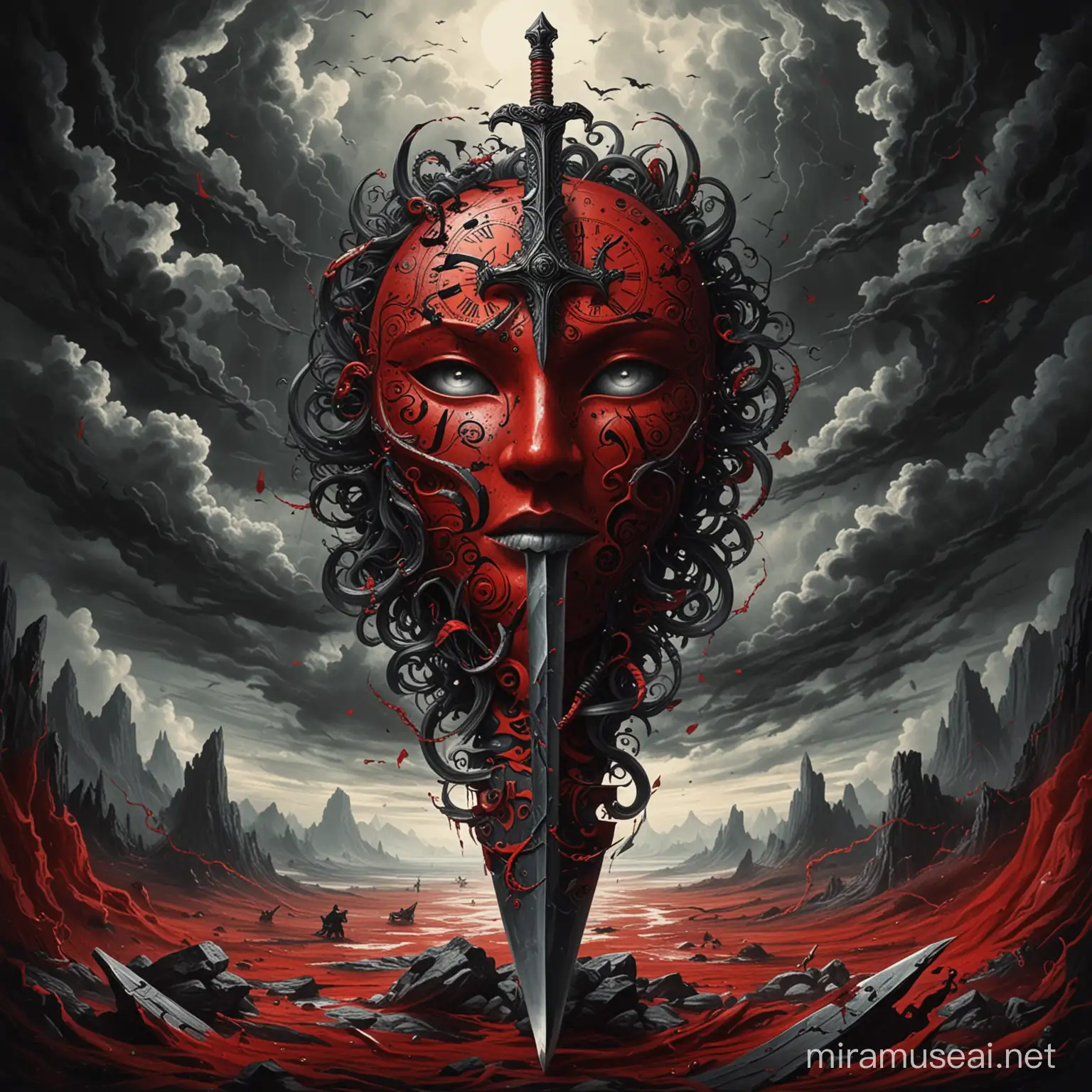 Chain, symbolizing inner slavery.
Dagger, symbolizing internal conflicts.
Mask, as a representation of the hidden self.
Clock, symbolizing attachment to the past

Red and black swirling paintings depicting the storms within.
A surreal landscape, reflecting the inner chaos.
A game of shadows, symbolizing hidden demons.
Typography highlighting the title "Inner Demons".