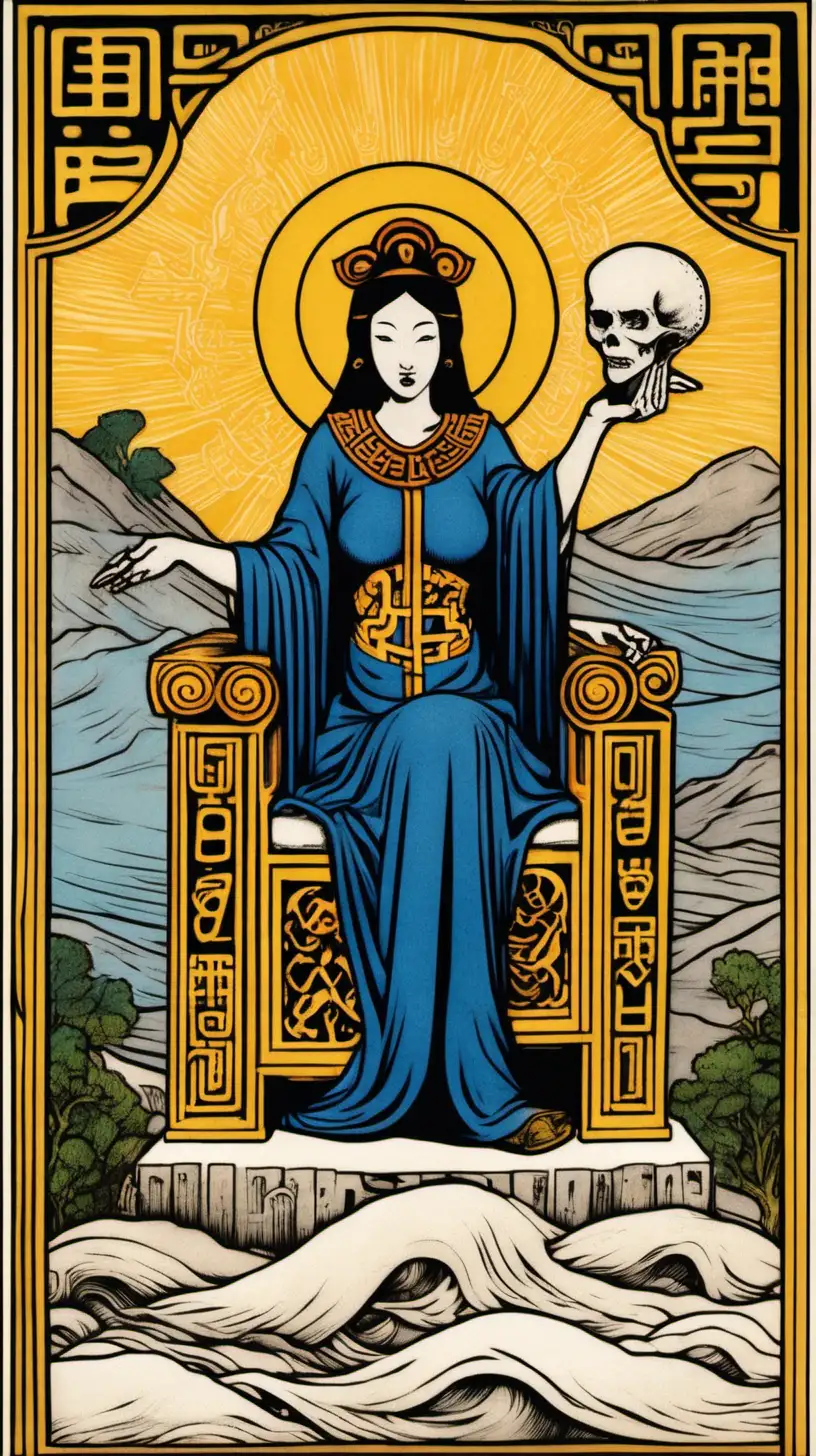 A Tarot card from the Marseille deck, bearing the number 8 
in the upper left corner, depicts Justice as a widow clad in mourning attire, seated on a throne that looks like a computer, in her right hand, she holds a pencil pointed upwards, while her left hand balances a plain in perfect equilibrium, the scene unfolds at dawn with a backdrop featuring elements of Spring, Summer, and Winter harmoniously intertwined, the scene is adorned with the numerical symbol of Gold, hieroglyphs, and Chinese symbols
