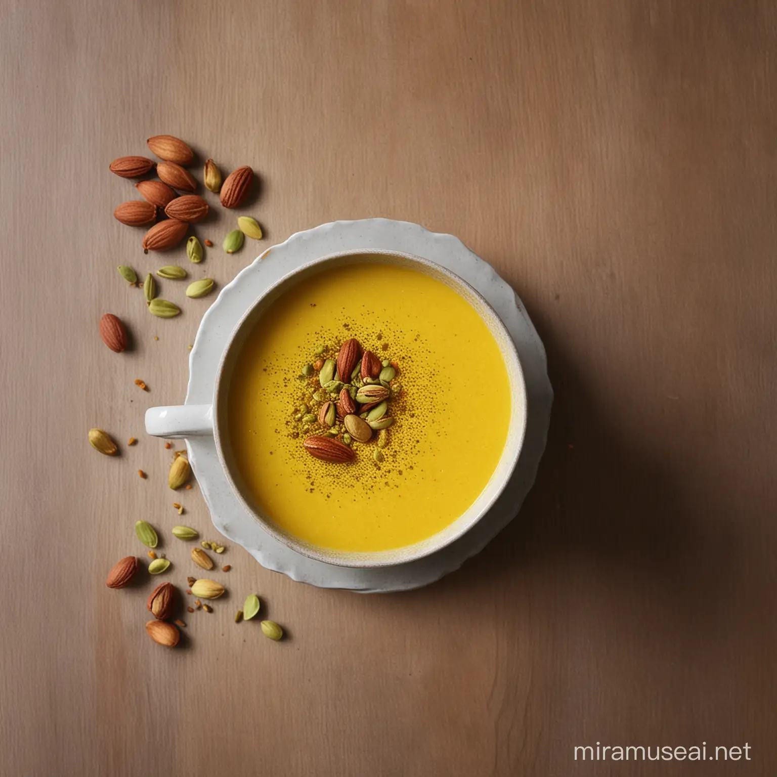 Vibrant Golden Milk with Pistachio and Turmeric Healthy Beverage with Exotic Flavors