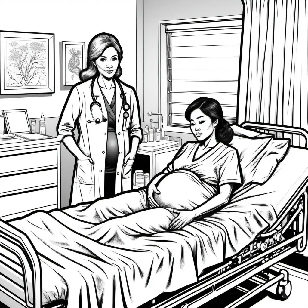 Detailed Black and White Pop Art Illustration Female Doctor with Pregnant Asian Patient in Hospital Delivery Room