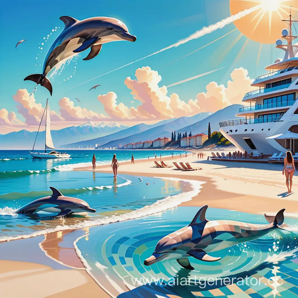 Солнечный день над Сочи. Теплое море. Плещутся дельфины. На пляже загорают девушки. На горизонте белые яхты в стиле кубизм