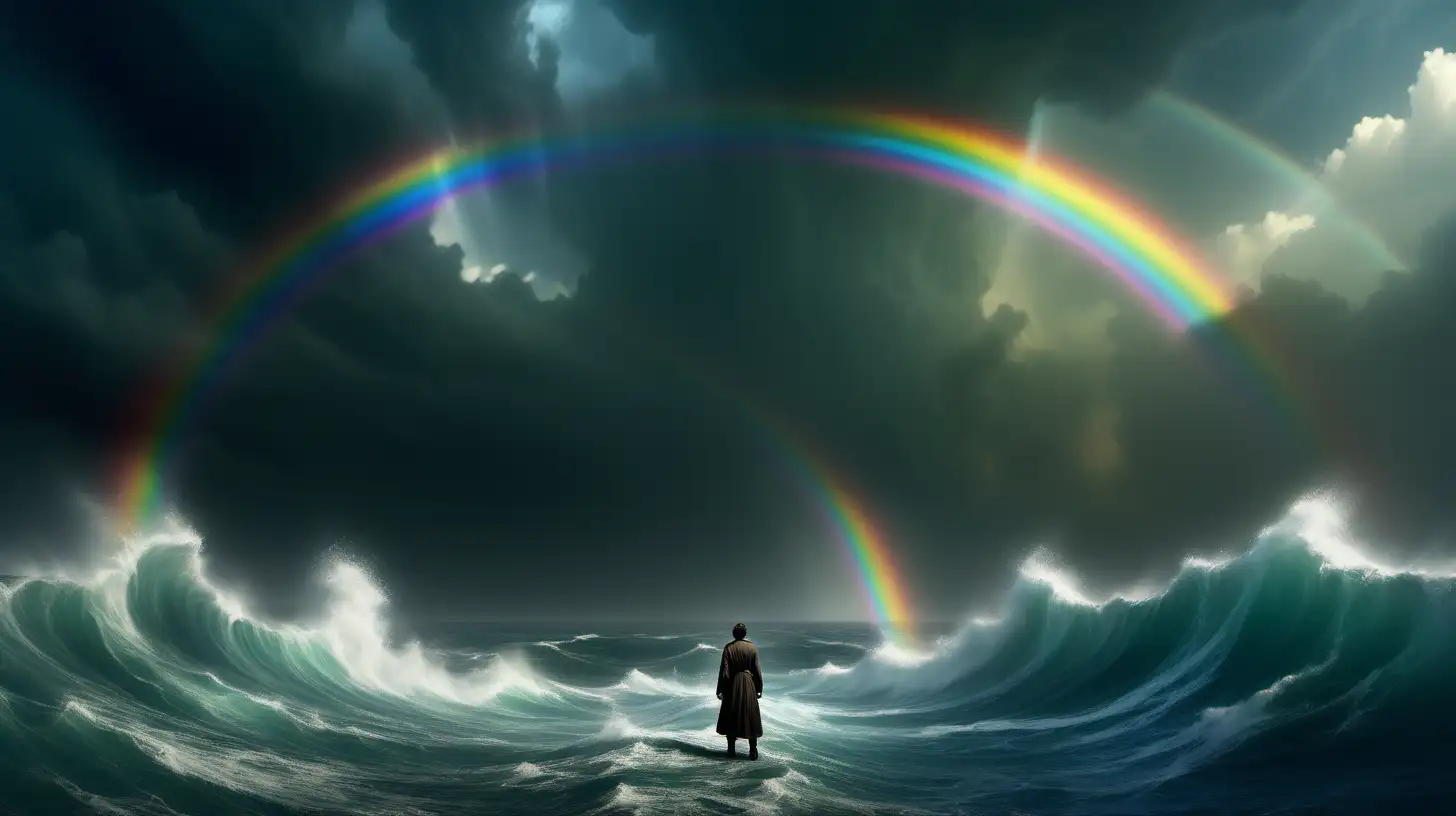 Majestic Figure Facing Towering Waves A Path of Faith and Hope with a Rainbow Promise