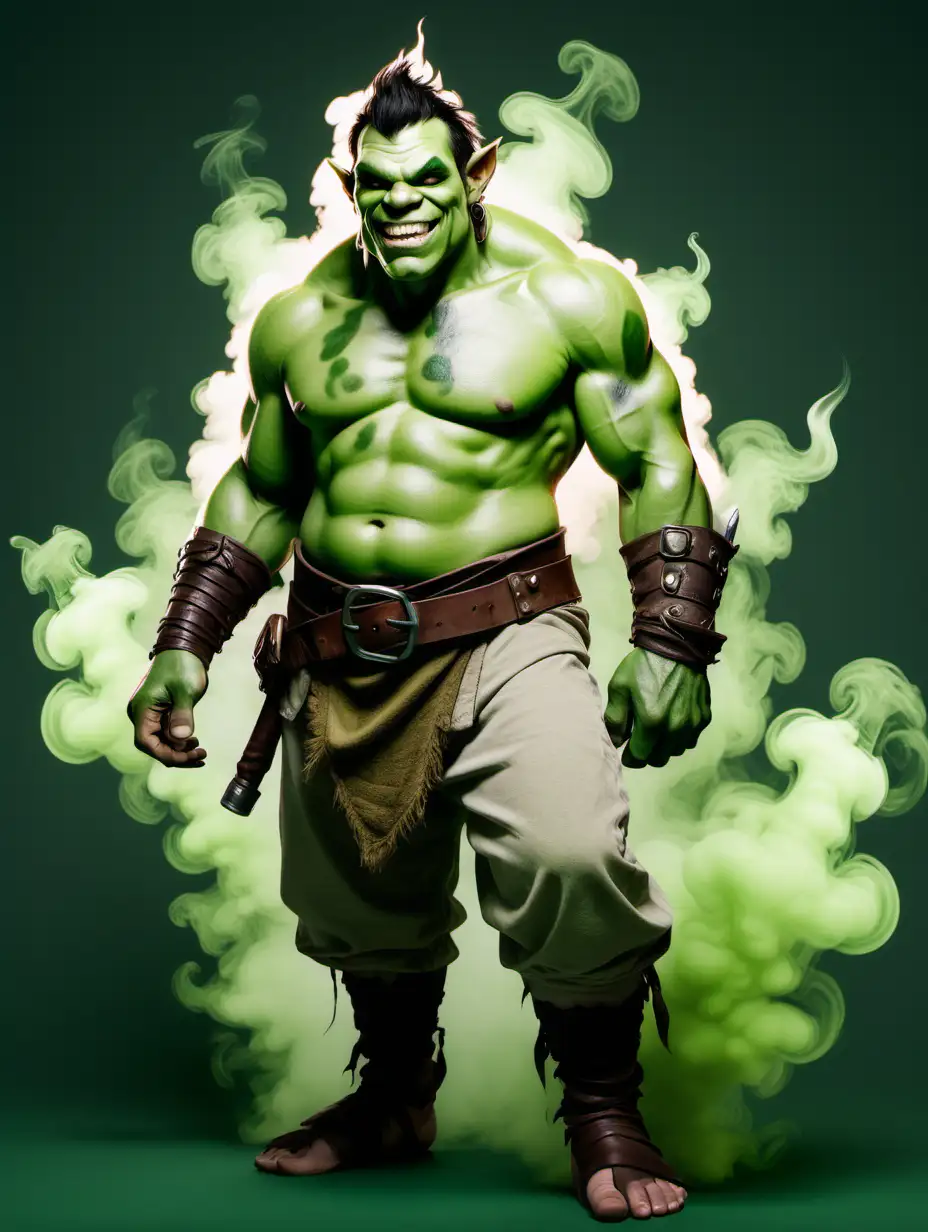 big half-orc character, dnd style character, uses green smoke, fart-based magic, magic farts, shirtless, wears loincloth, plain clothes, happy, smile, dopey, dumb, light-green skin