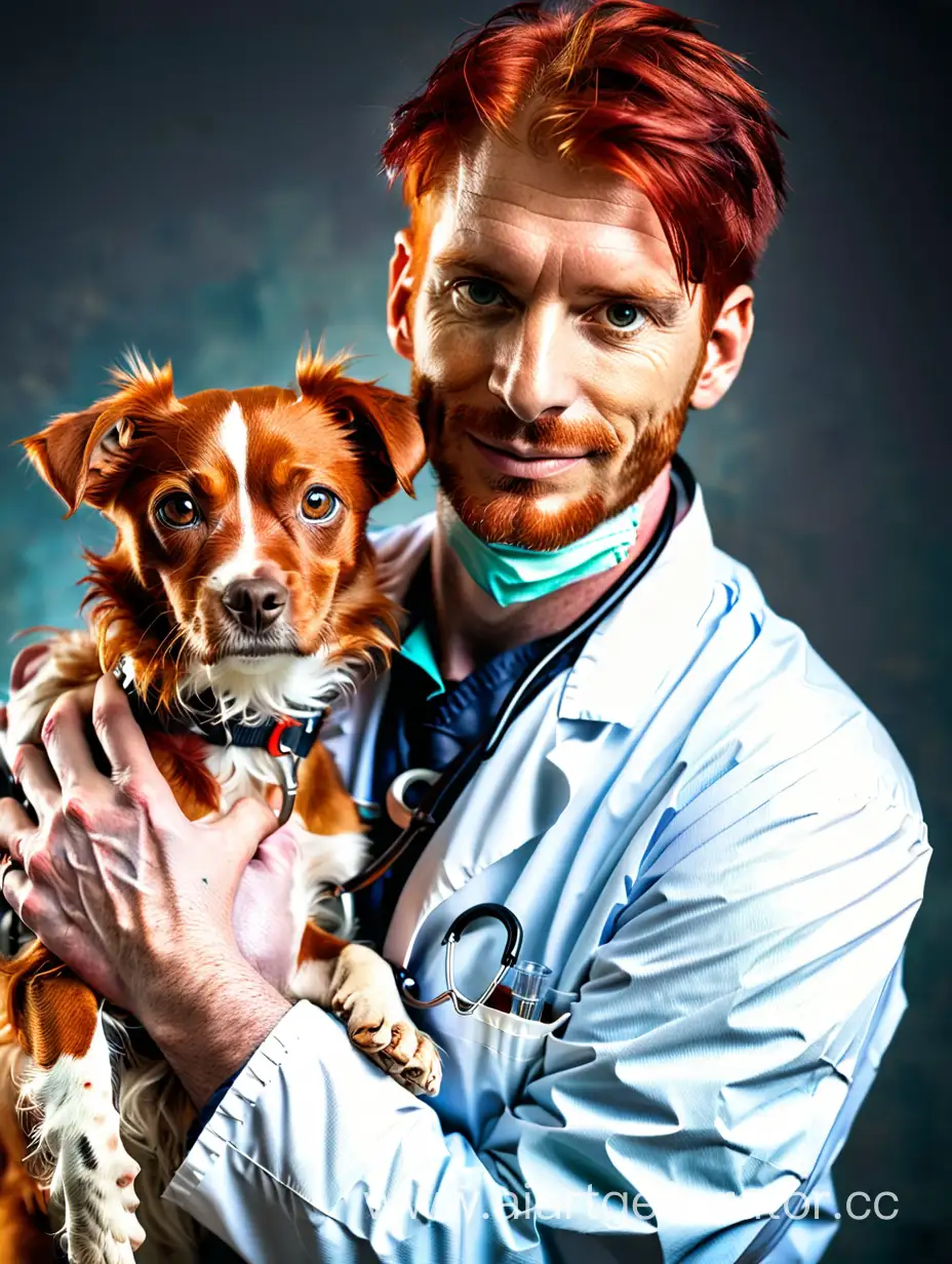 Мужчина ветеринарный врач, рыжие волосы, с собакой на руках