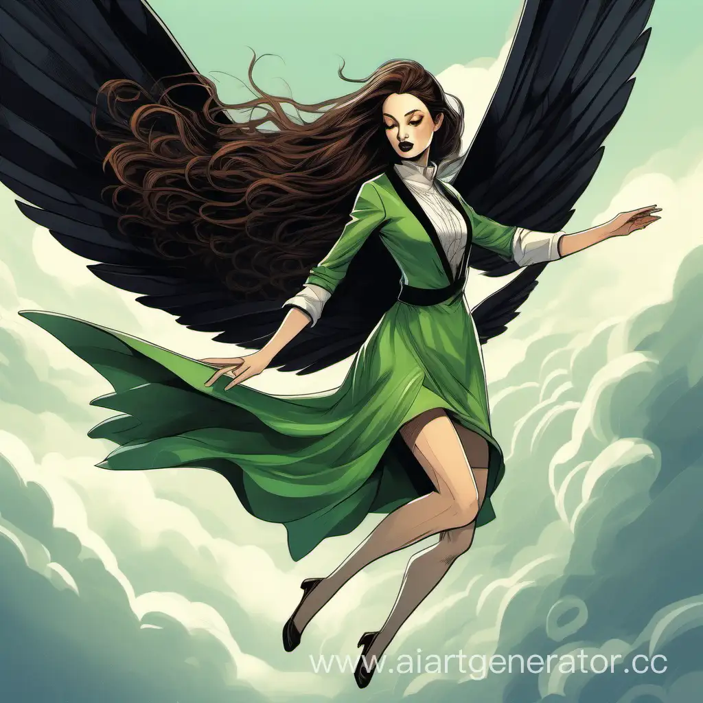 a tall, ambitious woman flying in the sky, with white-black wings, hair brown and long, eyes green, lips full and forehead color, face shape
