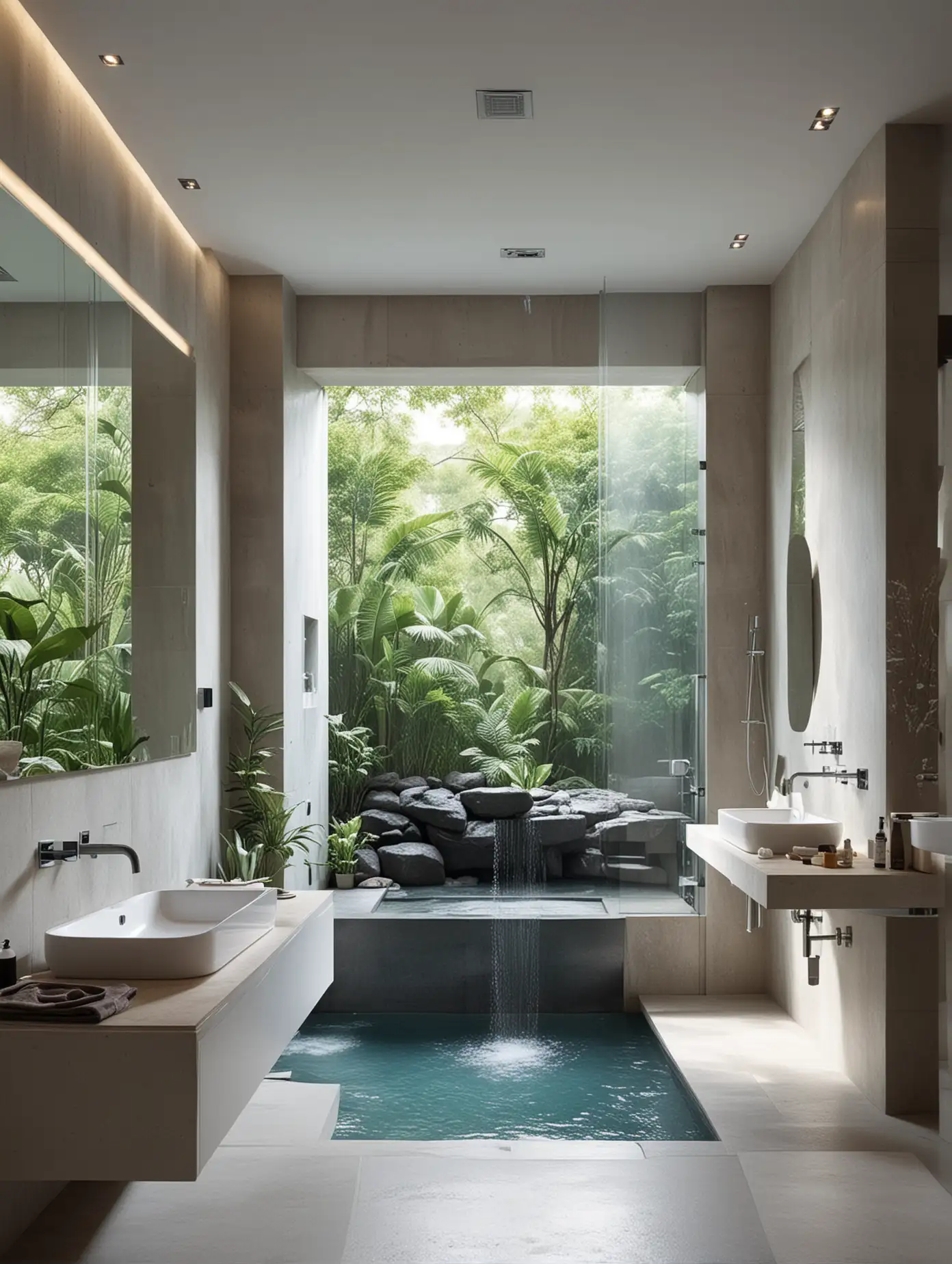 extrem Futuristisches Badezimmer mit Zugang nach draußen und Wasserfall der von Draußen und oben durch den Raum fällt 