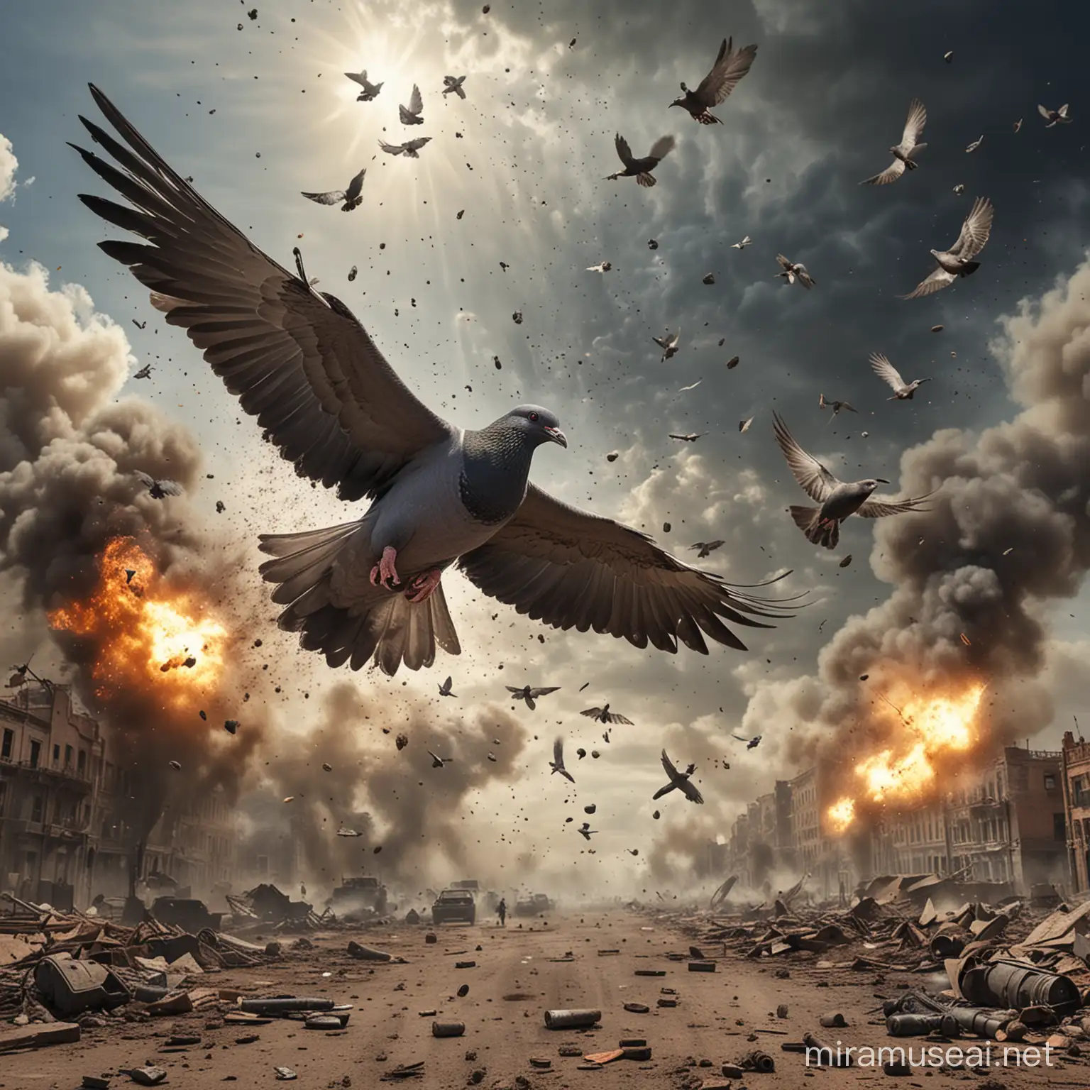 Wounded Pigeon Soaring Amidst Warzone Explosions
