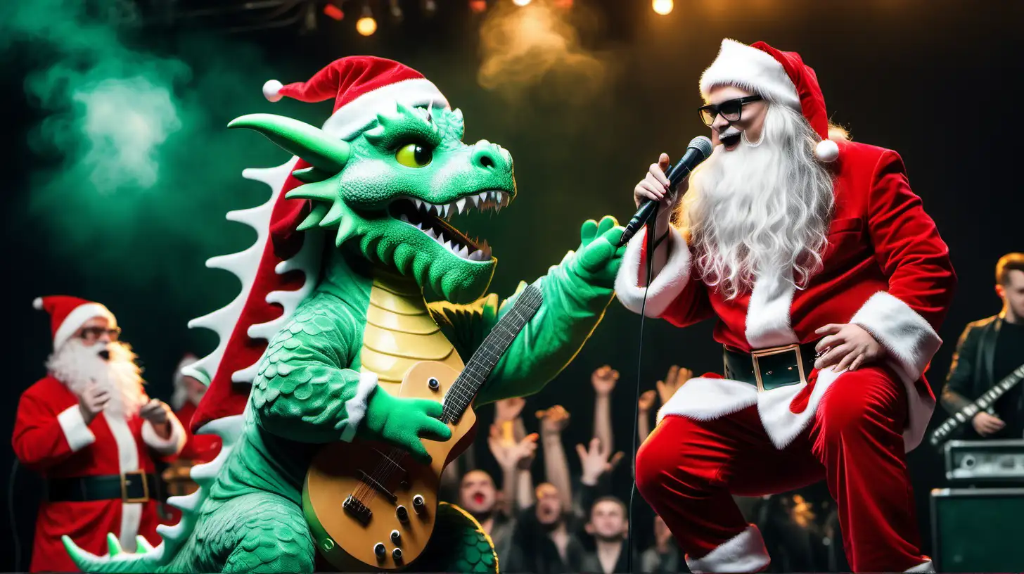 Festive Rock Concert Green Fluffy Dragon and Santa Jam on New Years Eve