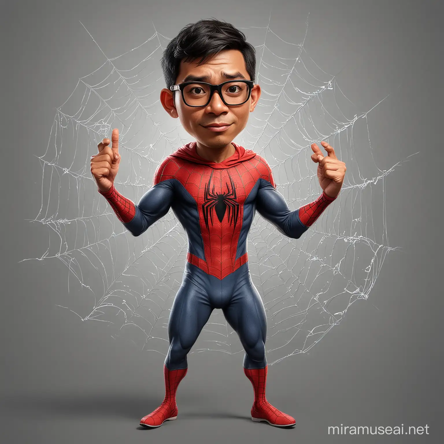 caricature potrait full body, A 29 year old Indonesian man, short thin hair, big head, wearing glasses, wearing a spiderman outfit, Pulling out a spider web on his finger, realistic