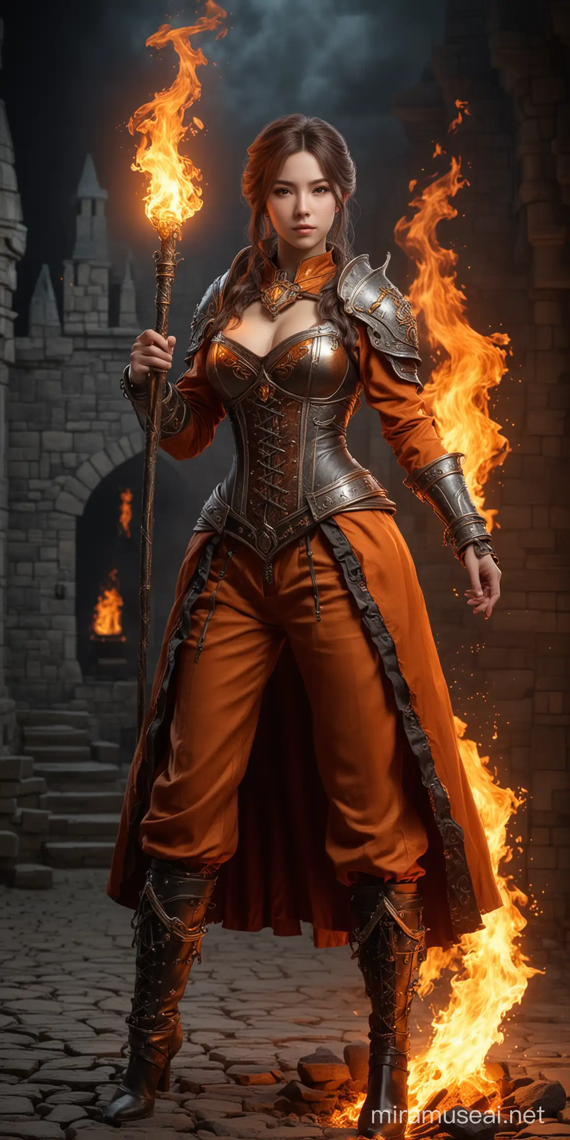 Realistic Beautiful Idol Girl in Fire Element Attire Against Castle Backdrop