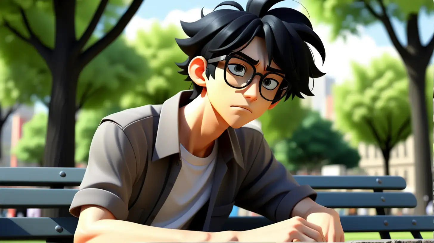 a handsome anime boy is relaxing sitting in the city park, black hair, modern clothes, wearing glasses, natural eyes, lively eyes, hd, hyper realistic,