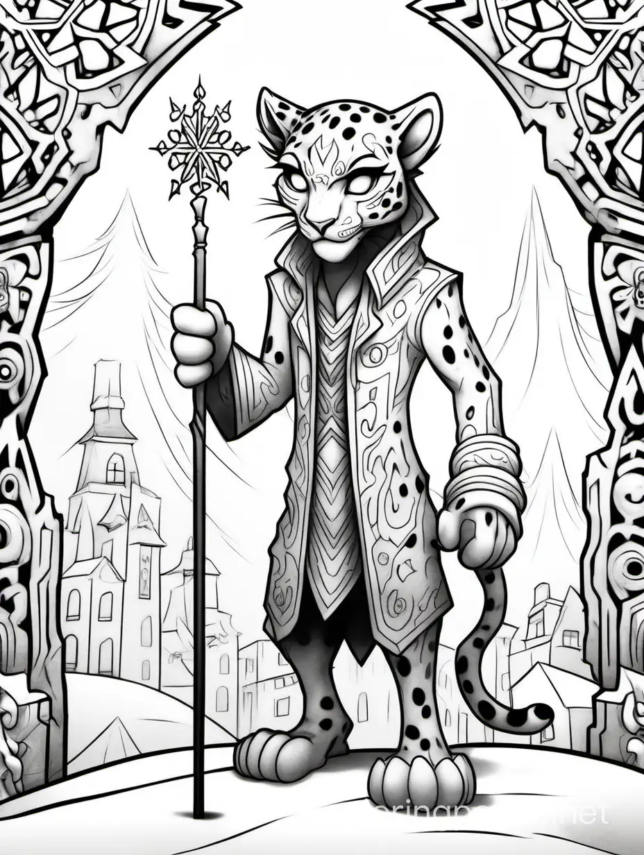 tall, thin, MALE snow leopard demon, with snowflake cane,in hazbin hotel art style, Coloring Page, black and white, line art, white background, Simplicity, Ample White Space. The background of the coloring page is plain white to make it easy for young children to color within the lines. The outlines of all the subjects are easy to distinguish, making it simple for kids to color without too much difficulty