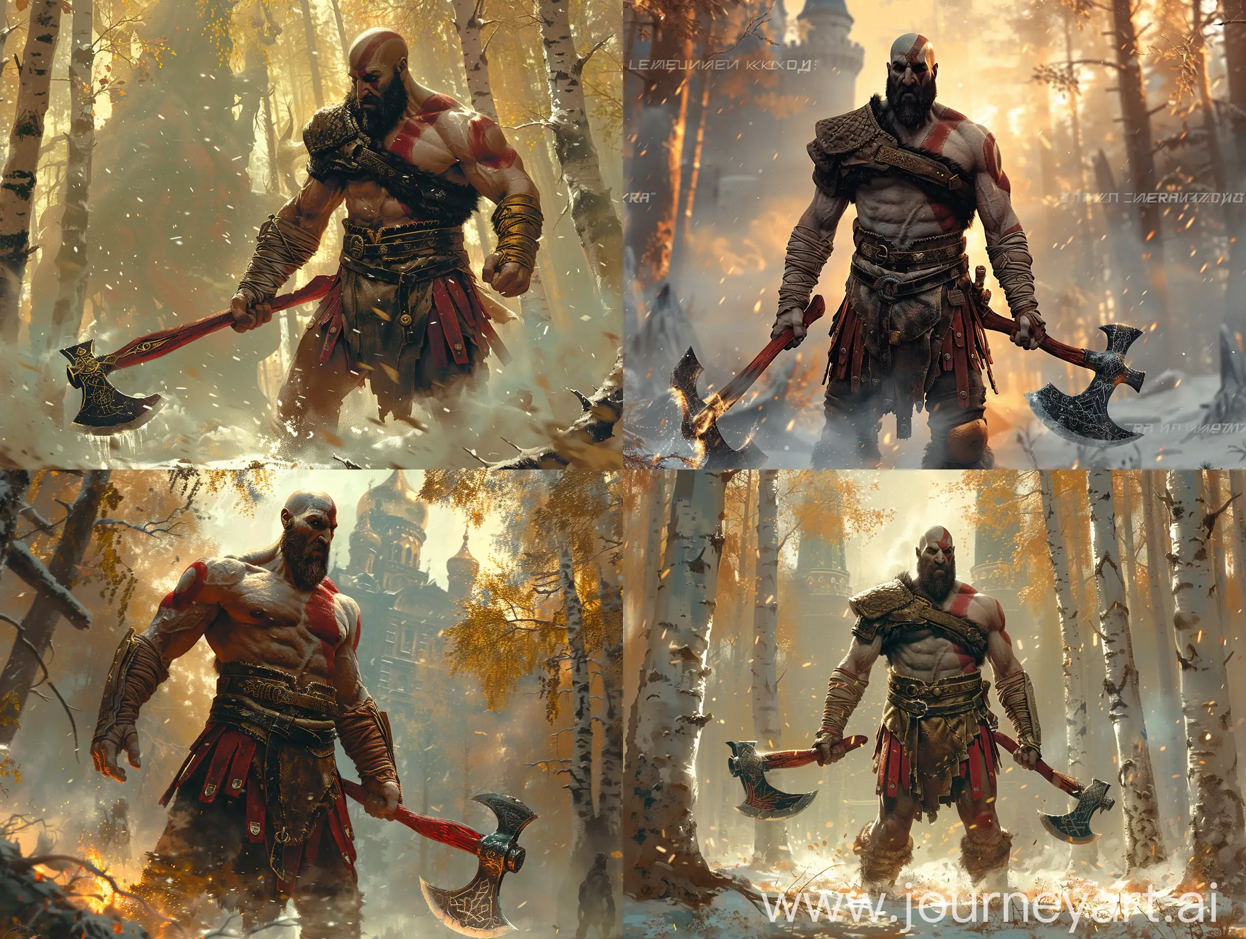 Kratos, the formidable Spartan warrior and God of War. Kratos stands imposingly amidst a dense Russian forest, wielding the Leviathan Axe in one hand and the Blades of Chaos in the other. His muscles ripple with strength as he prepares for battle. The Leviathan Axe is adorned with intricate Cyrillic runes, and the Blades of Chaos have been modified with traditional Russian motifs. Kratos is engaged in a fierce battle with a mythical Slavic creature, a massive three-headed Zmey Gorynych. Each head breathes a different element – fire, ice, and lightning – adding to the intensity of the confrontation. Kratos' stoic expression contrasts with the chaotic nature of the beast. The environment is enveloped in an ethereal mist, with ancient Russian birch trees shrouded in mystic fog. The forest floor is covered in snow, and the air crackles with the energy of the impending clash. The Leviathan Axe leaves a trail of frost in its wake, and the Blades of Chaos emit sparks of fiery rage. The overall style is a fusion of Spartan and Russian aesthetics, blending the iconic red color of Kratos' war paint with the rich, earthy tones of traditional Russian folklore. The atmosphere is charged with an otherworldly energy, combining the gritty intensity of Kratos' world with the mythical ambiance of Russian folklore. In the background, the silhouette of a majestic Russian castle looms, further emphasizing the clash between ancient gods and mythical creatures. The scene is bathed in a warm, golden glow, casting long shadows and highlighting the raw power and determination of Kratos in this uniquely Russian-inspired encounter ‐‐q . 25 --stylize 500 