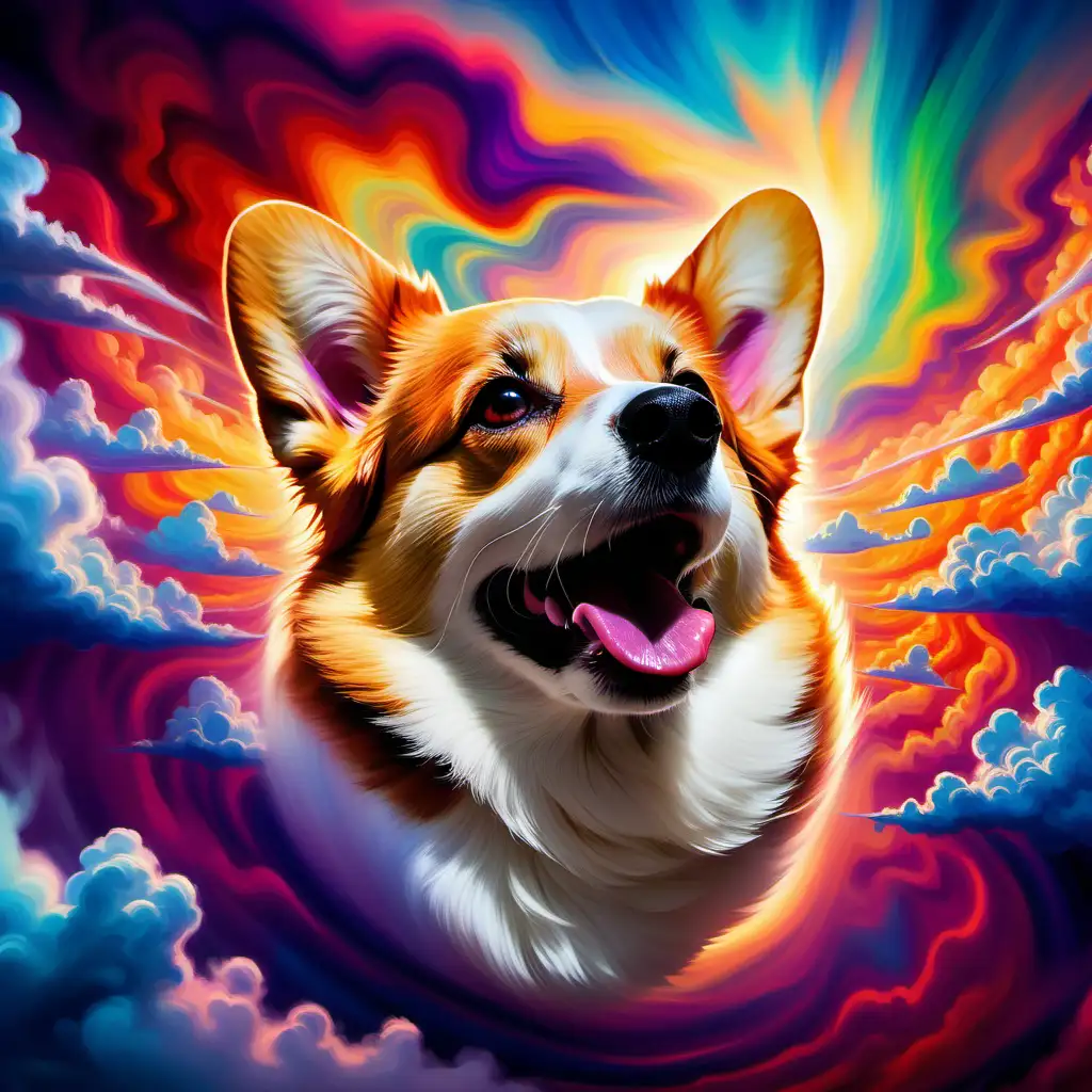Imagine a breathtaking scene where a vibrant, multi-hued corgi's head emerges from a canvas of swirling, iridescent clouds. The corgi's head only form is vividly painted with a palette of vibrant colors, emanating an aura of raw power and strength amidst the ever-shifting, kaleidoscopic clouds that surround it. Capture the essence of this majestic creature as it stands as a symbol of primal force and beauty within the mesmerizing, colorful expanse of the sky.

