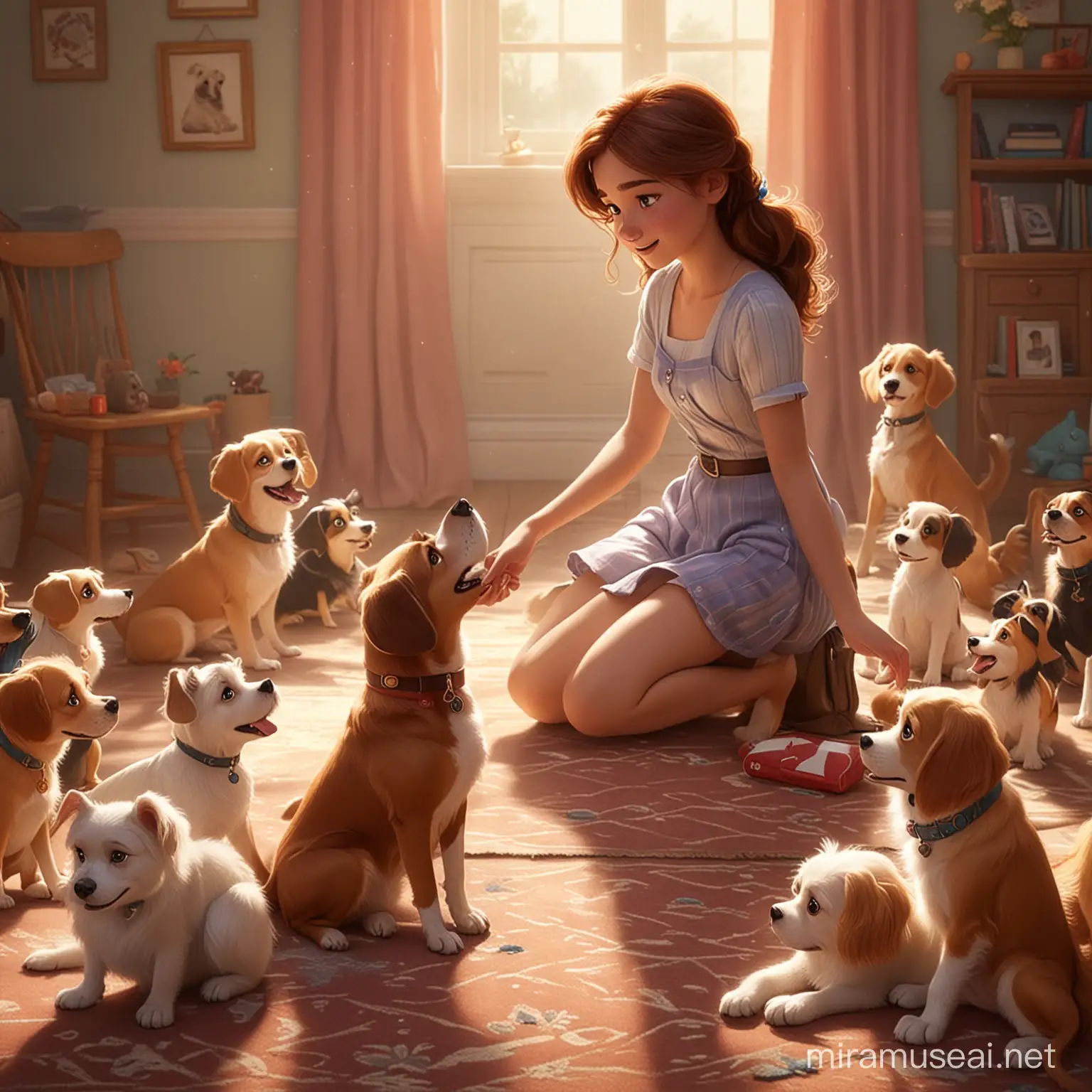 so many lovely dogs  are playing with a girl,disney pixar style