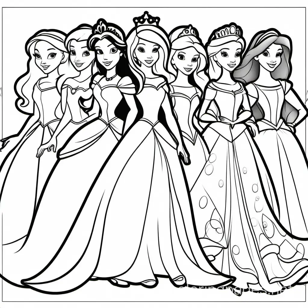 different princesses, Coloring Page, black and white, line art, white background, Simplicity, Ample White Space. The background of the coloring page is plain white to make it easy for young children to color within the lines. The outlines of all the subjects are easy to distinguish, making it simple for kids to color without too much difficulty