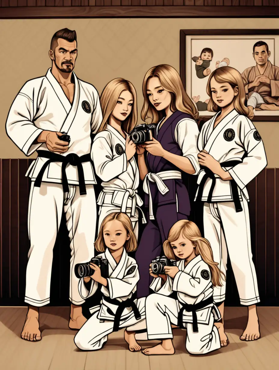 a FAMILY of 5 with 3 kids 2 daughters and a son all doing jiu jitsu and the mother with dark blonde long hair taking photos of the family with a camera in her hand in the dojo vintage aesthetics, wallpaper, illustration