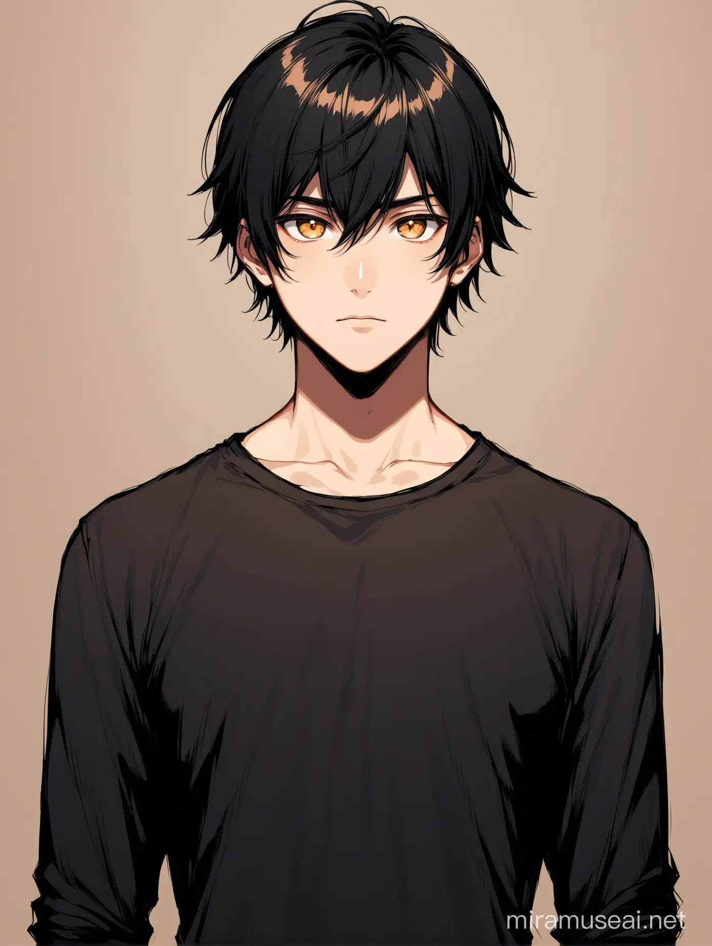  male character with black hair with bangs, sharp eyes, minimal accessories, honey brown eyes.  show till torso. front view

