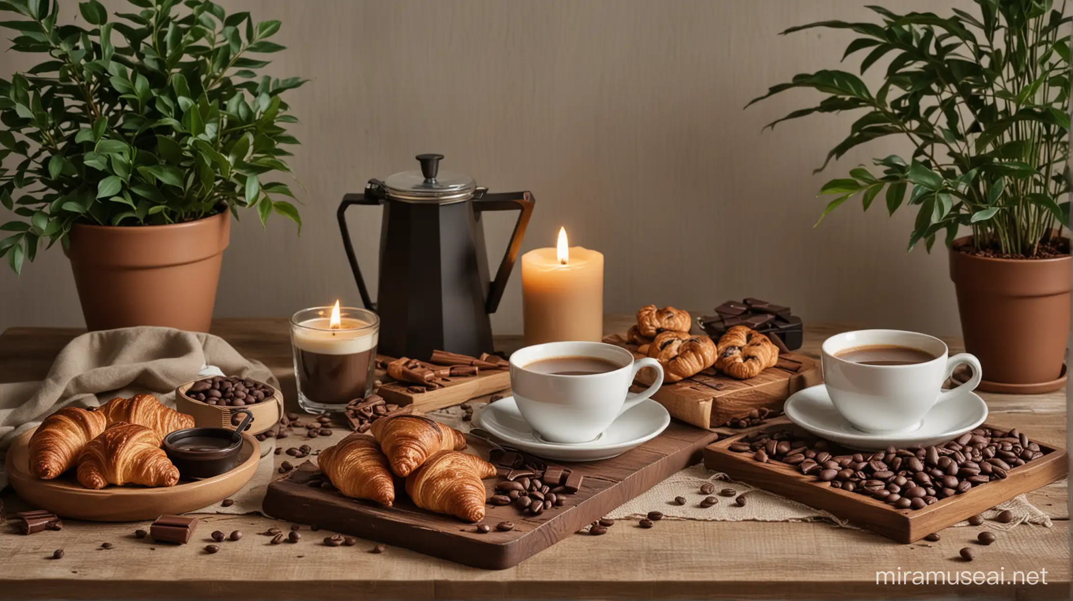 Cozy Rustic Coffee Setup with Chocolate Treats and Aromatic Candle