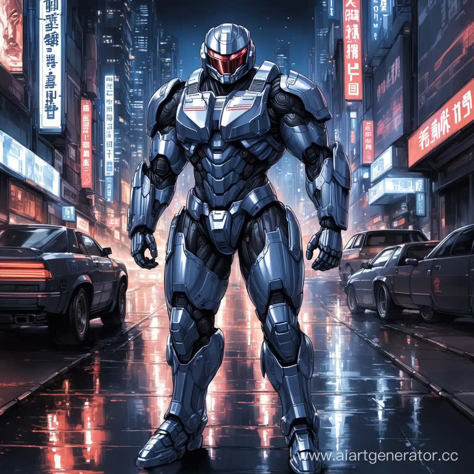 Высокотехнологичный, брутальный, мощный, тяжело бронированный костюм, имеющий дополнительную усиленную броню в стиле Robocop, оснащен самыми передавшими технологиями во вселенной Robocop далекого будущего, телосложением бодибилдера на фоне ночных улиц мегаполиса