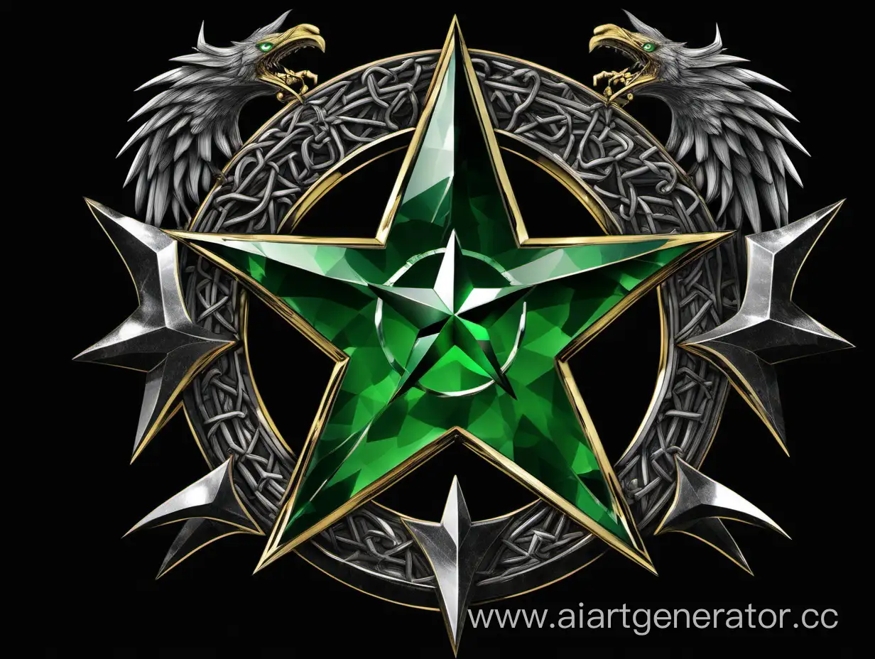 the clan's coat of arms with a large five-pointed emerald star on a black background
