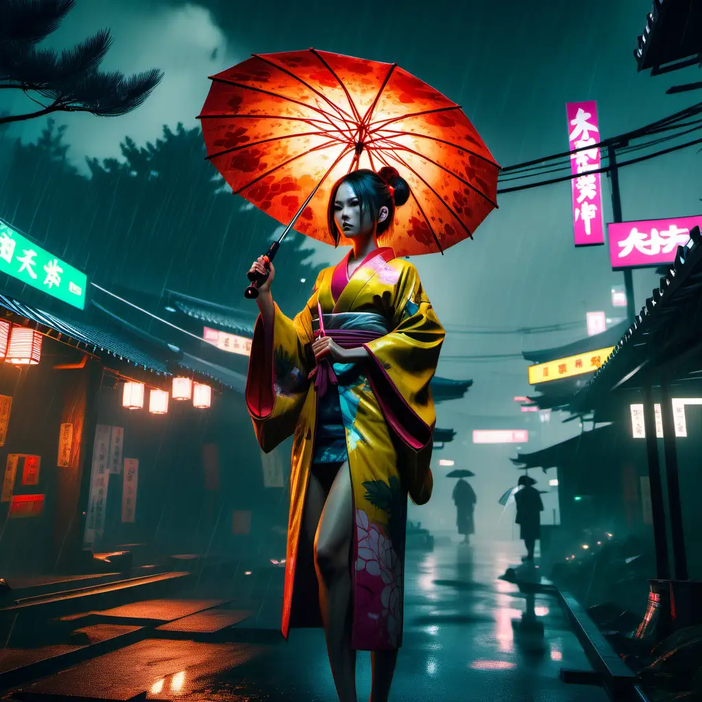 In a cyberpunk 2077 city, a beautiful, skinny Japanese woman in a kimono stands with a burning umbrella over her head. Beside her stands the spirit of the forest. It's a rainy night. Very realistic image.