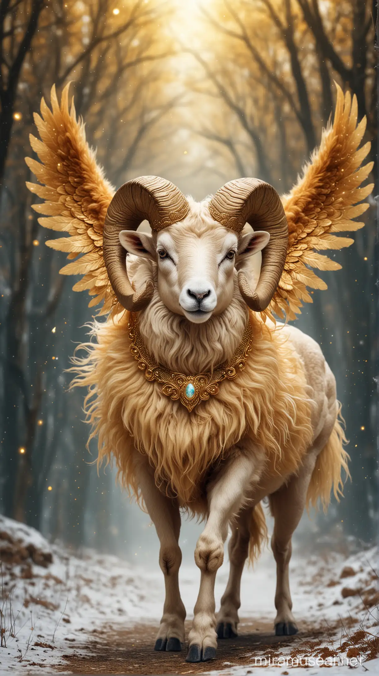 Enchanted Winged Ram with Golden Fur