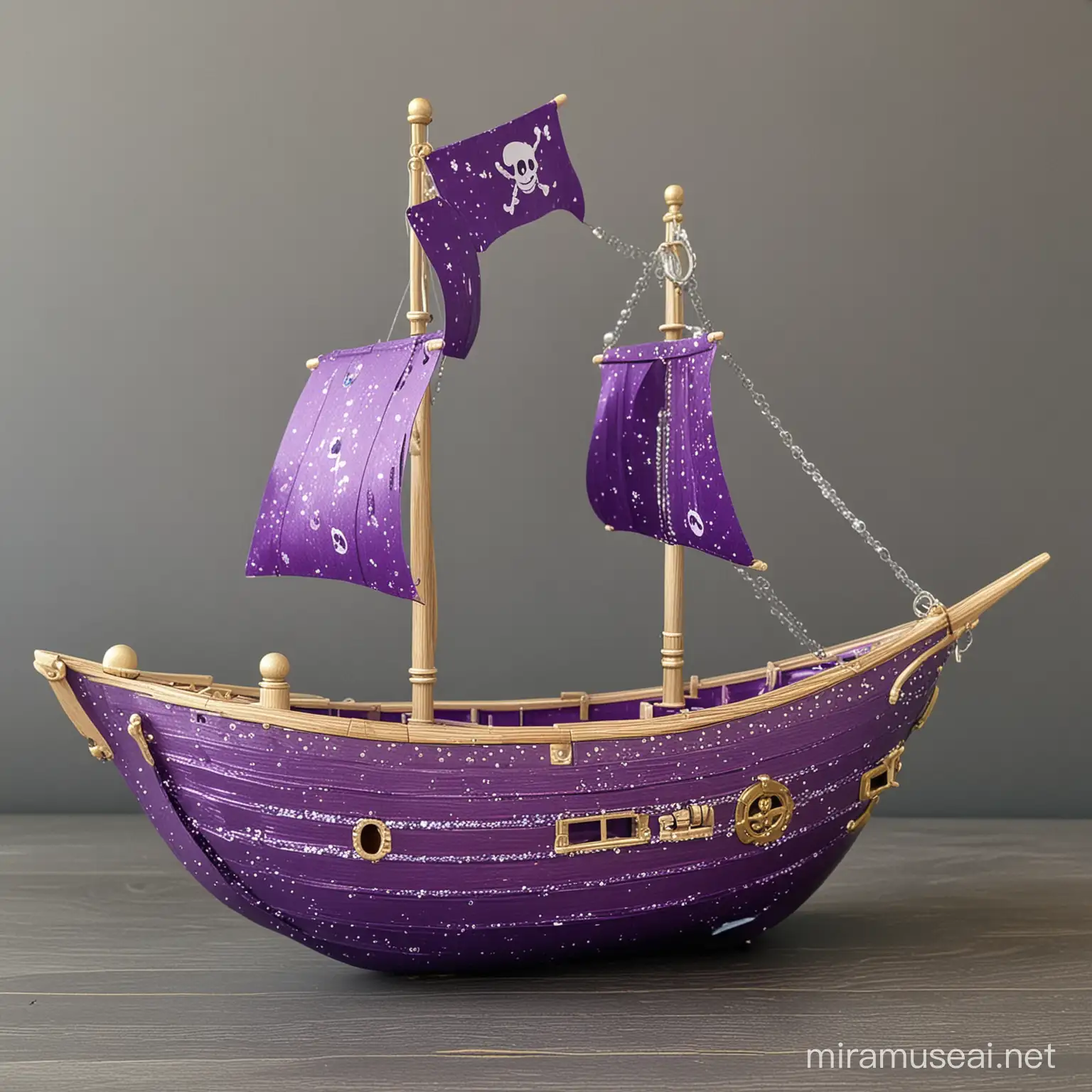 Sparkly Purple Wooden Pirate Boat Adventure at Sunset