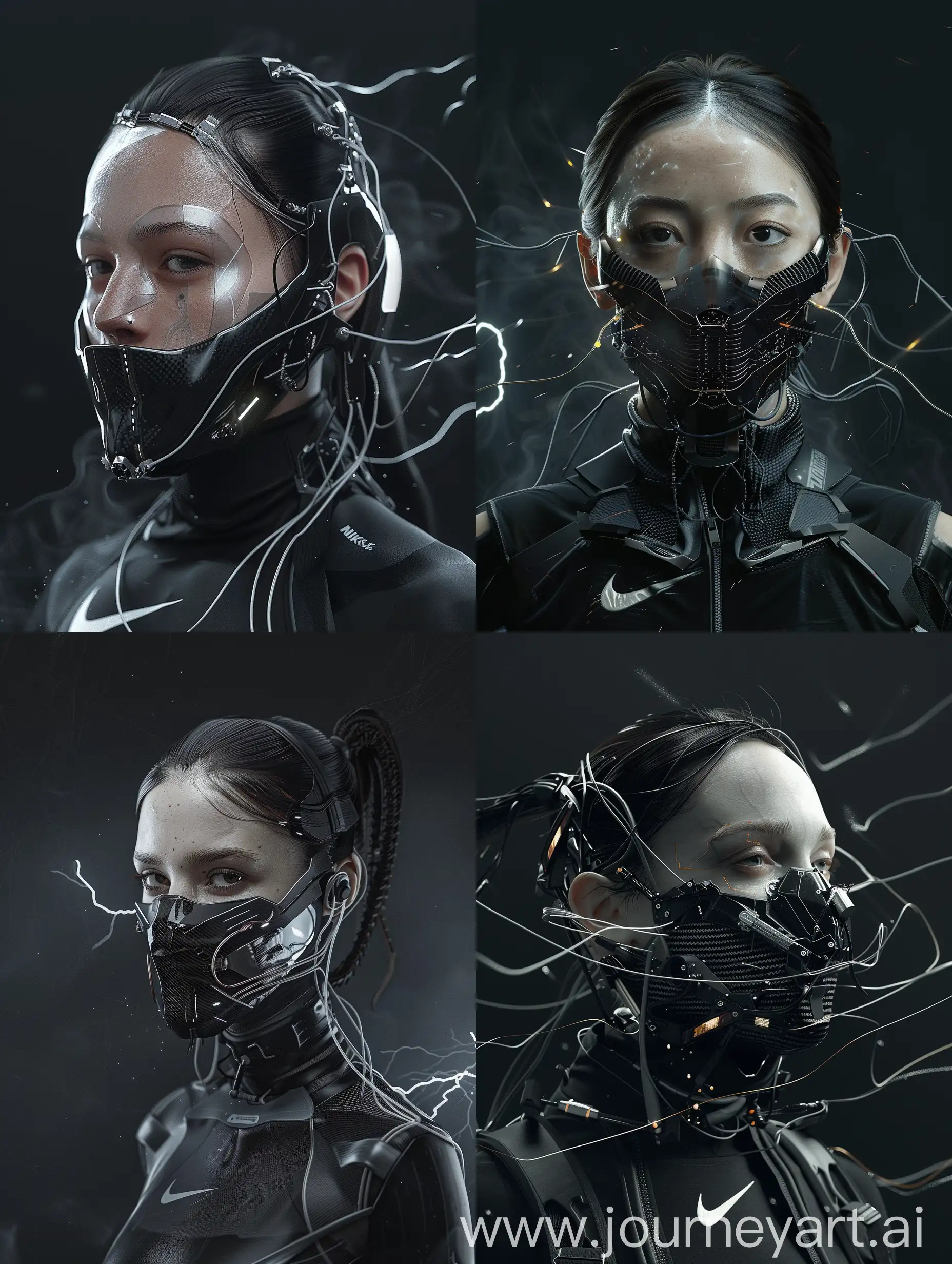Against a sleek black backdrop, behold a mesmerizing character adorned with a cybernetic mouth-covering mask. It seamlessly blends cutting-edge technology with intricate details, boasting carbon fiber textures, sleek aluminum accents, and wires. Symbolizing the delicate balance between humanity and machine, her appearance embodies the essence of a futuristic cyberpunk aesthetic, enhanced with Nike-inspired add-ons. With dynamic movements reminiscent of action film sequences, cinematic haze, and energy that crackles like lightning, her presence captivates with its irresistible allure