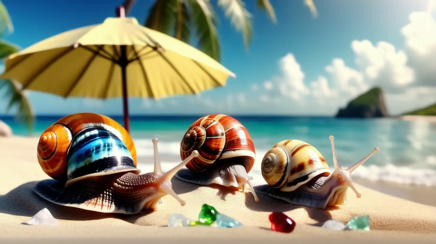 Vibrant Snails Enjoying Beachside Paradise with Refreshments