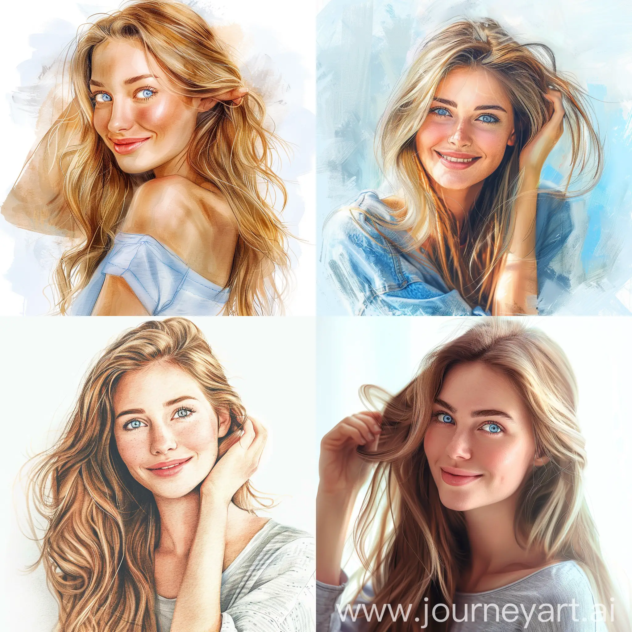 A beautiful woman looks at the camera and tucks her hair behind her ear, smiling.  Woman has long blond hair and blue eyes, in casual clothes. full body illustration for book, childrens book, smiling, full body view watercolor clipart, full illustration, 4k, sharp focus, smooth soft skin, symmetrical, soft lighting.