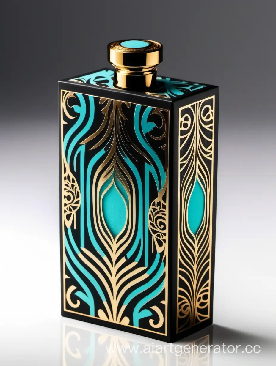 Dark dark matt black and gold Turquoise  luxury perfume rectangle vertical box 75% lines with arabesque pattern on white background