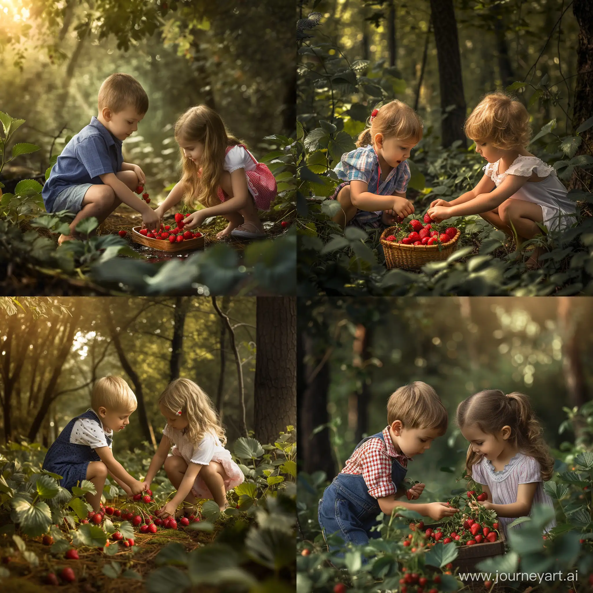 Мальчик и девочка собирают землянику в летнем лесу, фотография, гиперреализм, высокое разрешение