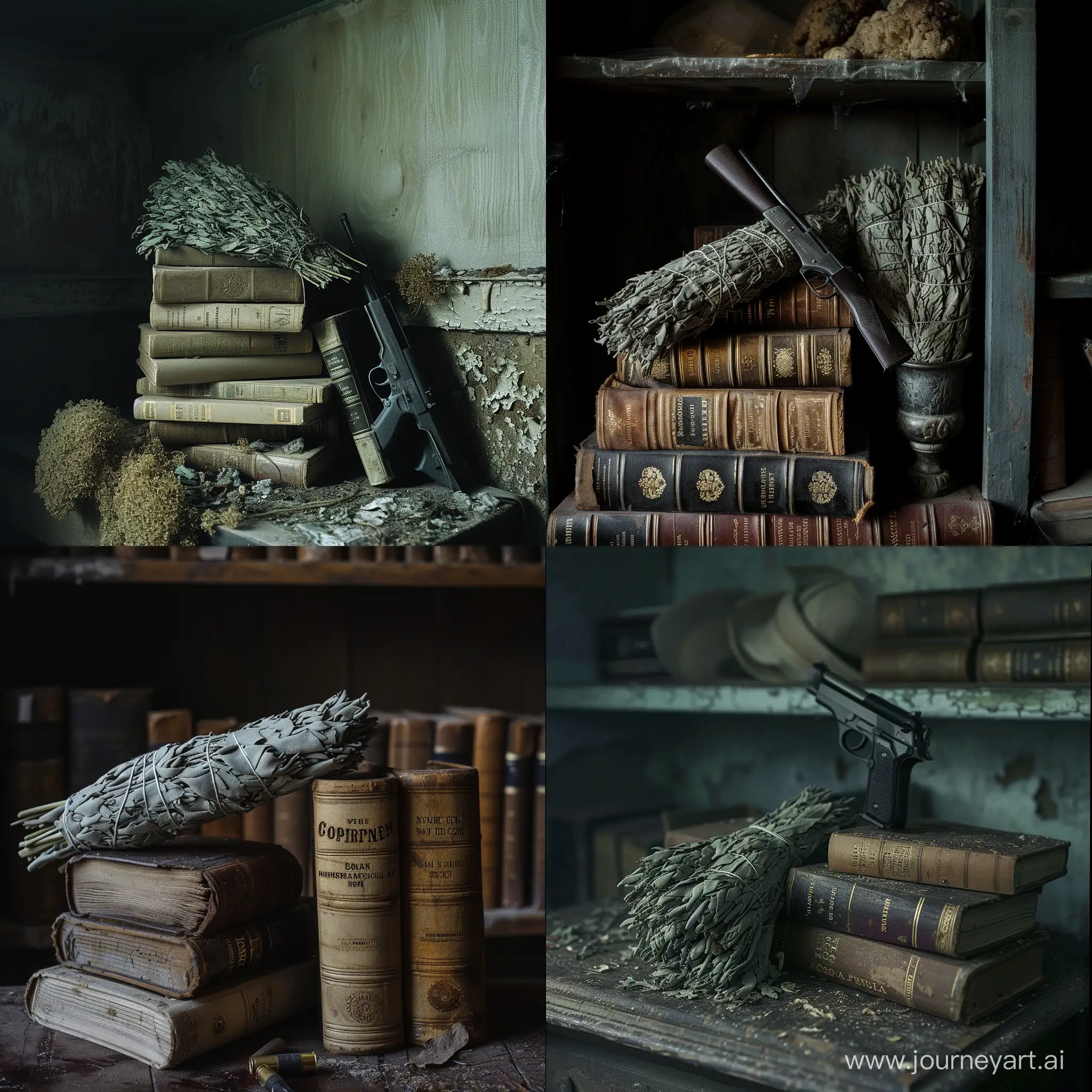мудрец над книжками под дулом автомата, темное помещение, сырость, плесень