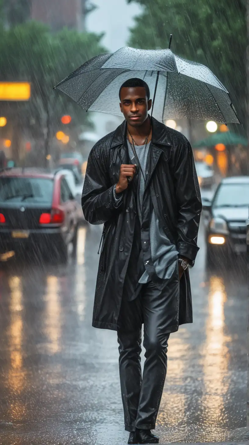 Stylish Man Embracing the Rain with Cool Vibes