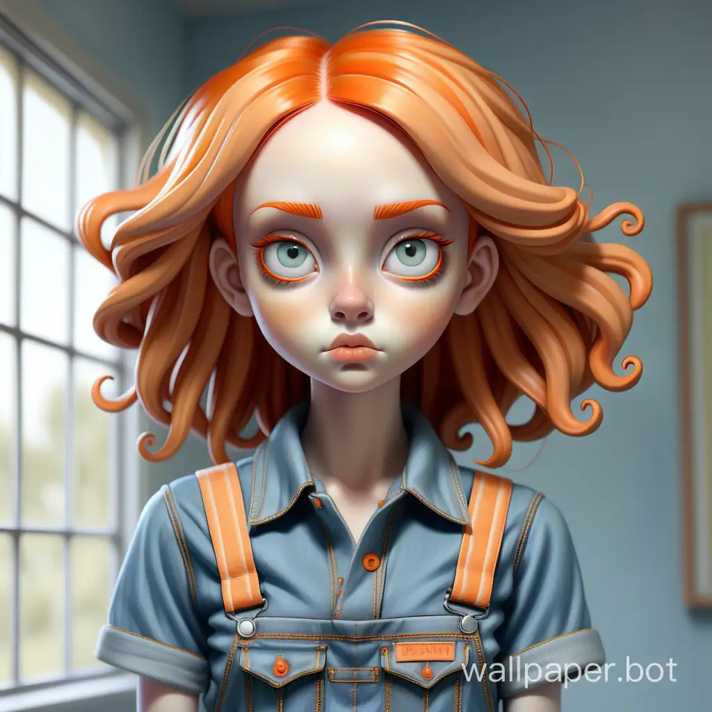 girl with orange hair, detailed reflective eyes, clear skin, clothing - T-shirt and denim jumpsuit, clarity. Soft colors, natural light. Waist-high, high quality, high detail. Style Mark Ryden