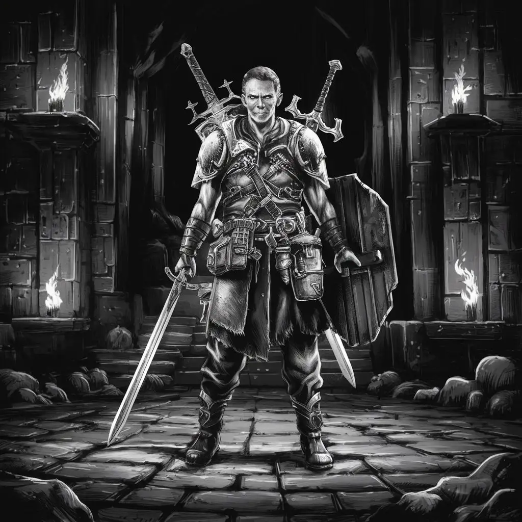 fantasy art, black and white, dungeons and dragons euipment