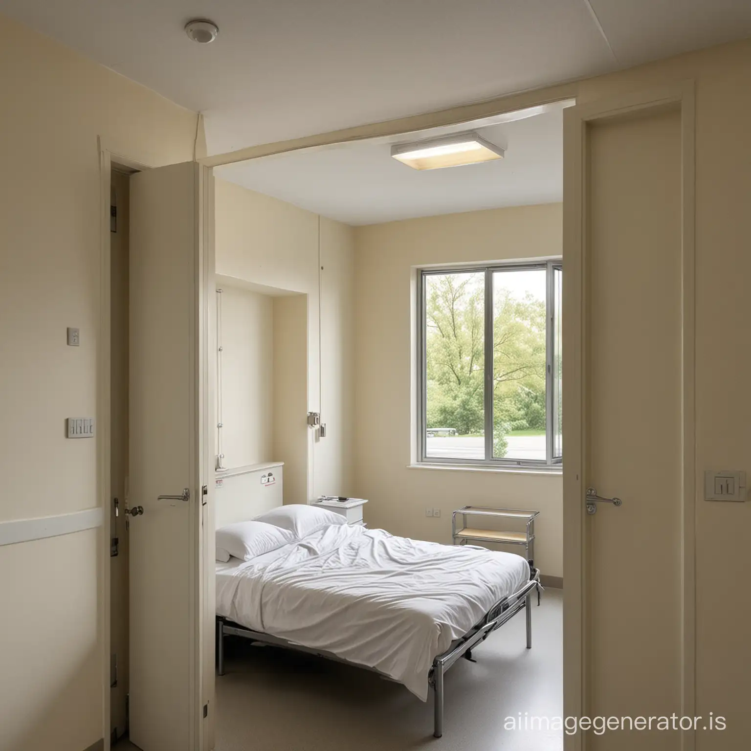 An open door to an office in a psychiatric hospital, at the end of the office there is a bed and a window with a view from the doors to the bed.