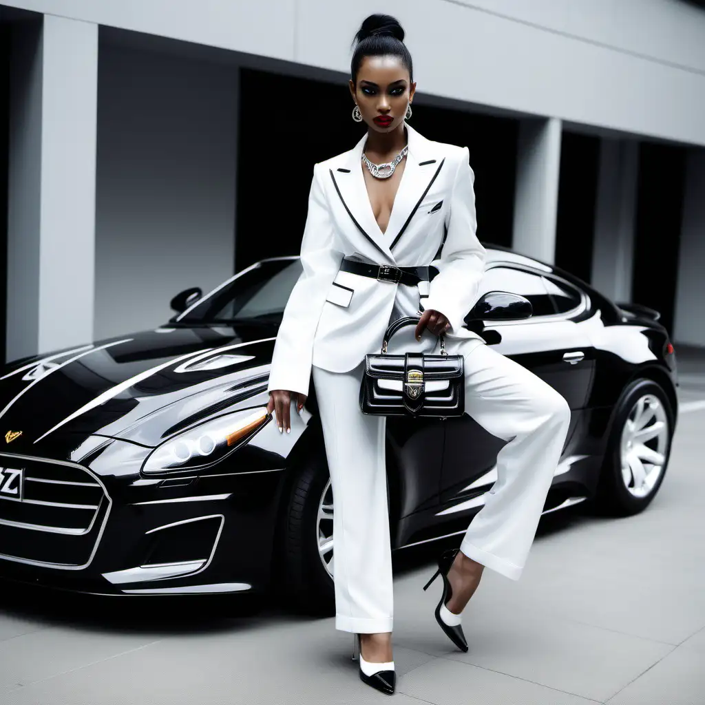 Luxurious Black Race Model Showcasing MZ Brand in Opulent Setting with White Tiger Luxury Bag and Car