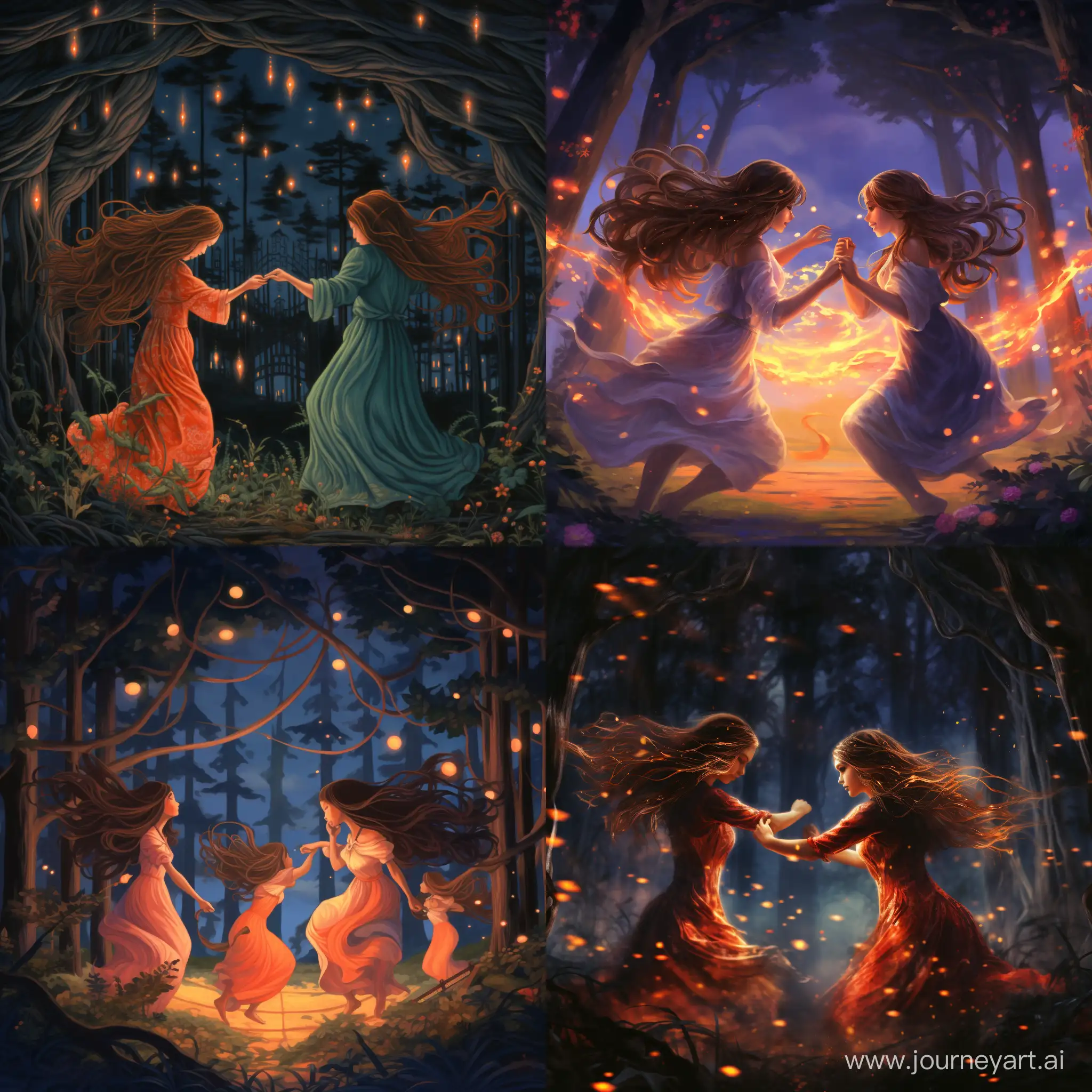 long haired girls dancing in a forest around a fire