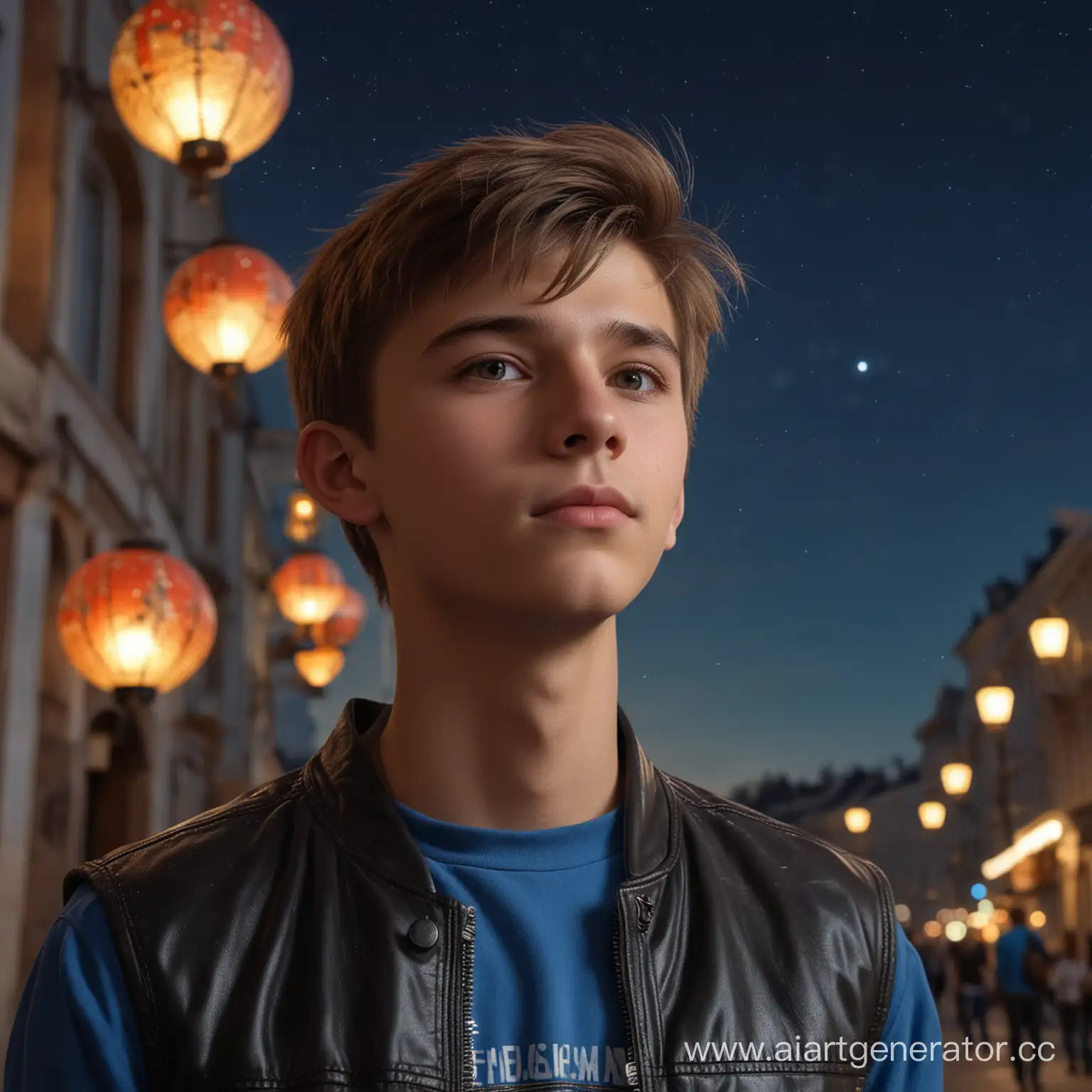Russian boy 15 years old, very beautiful, Looking at the night sky, stars in the sky, July. lanterns, 
black leather sleeveless jacket, blue T-shirt, street urchins, 
on the background of , 
masterpiece, best quality, highres, 
8k, ray tracing, 
intricate details, highly detailed, 
perfect face, russian face