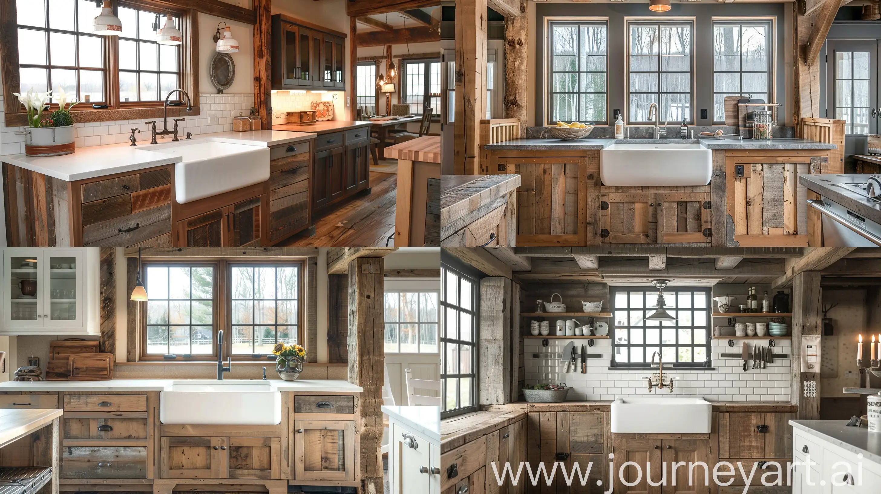 Farmhouse Chic: Kitchen with Rustic Barnwood Cabinets, Farmhouse Sink, and Exposed Wood Beams. --ar 16:9