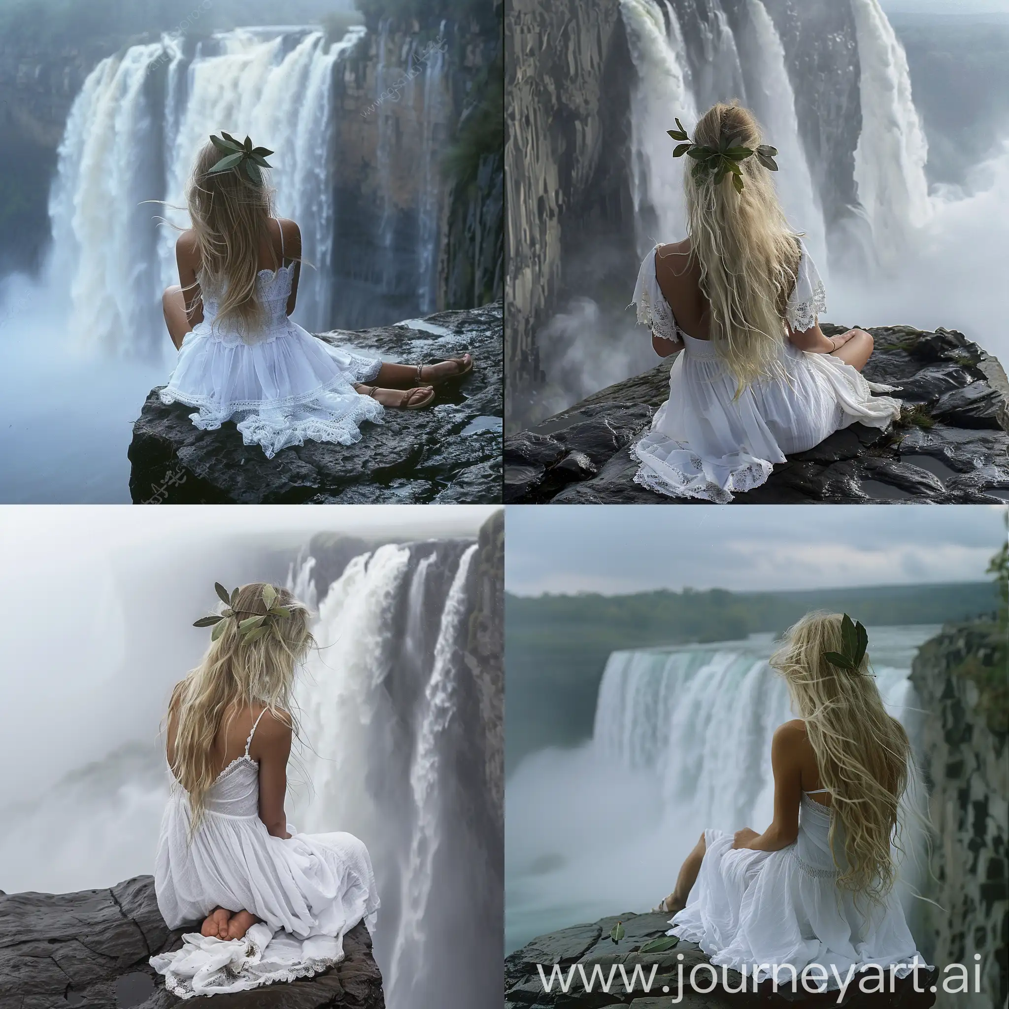 1girl, solo, edge of cliff, huge waterfall, waterfall background, (white fog:1.2), no land 1girl, looking at waterfall, white dress, no shoes blonde hair, long hair, bay leaves in hair