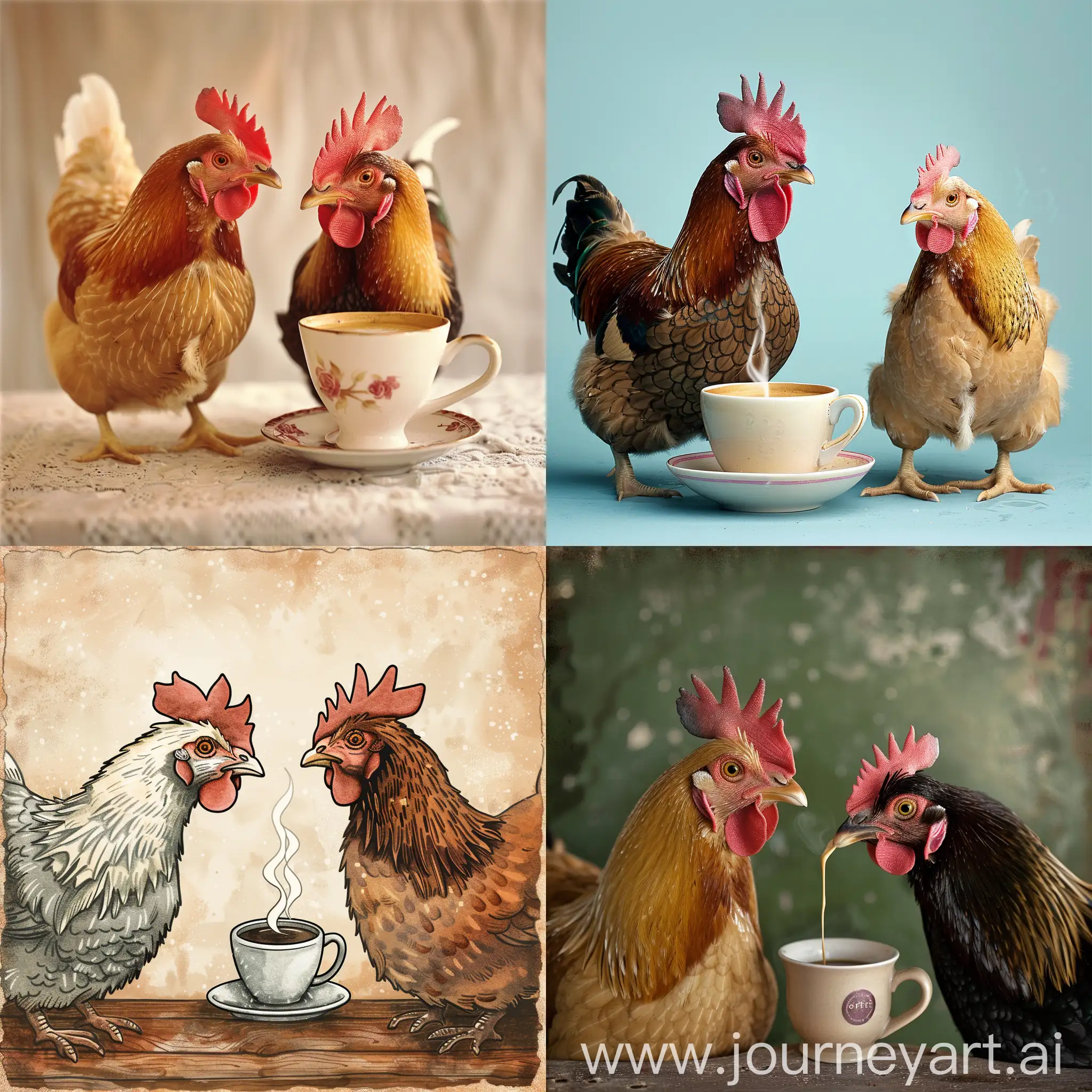 two chickens drinking coffee