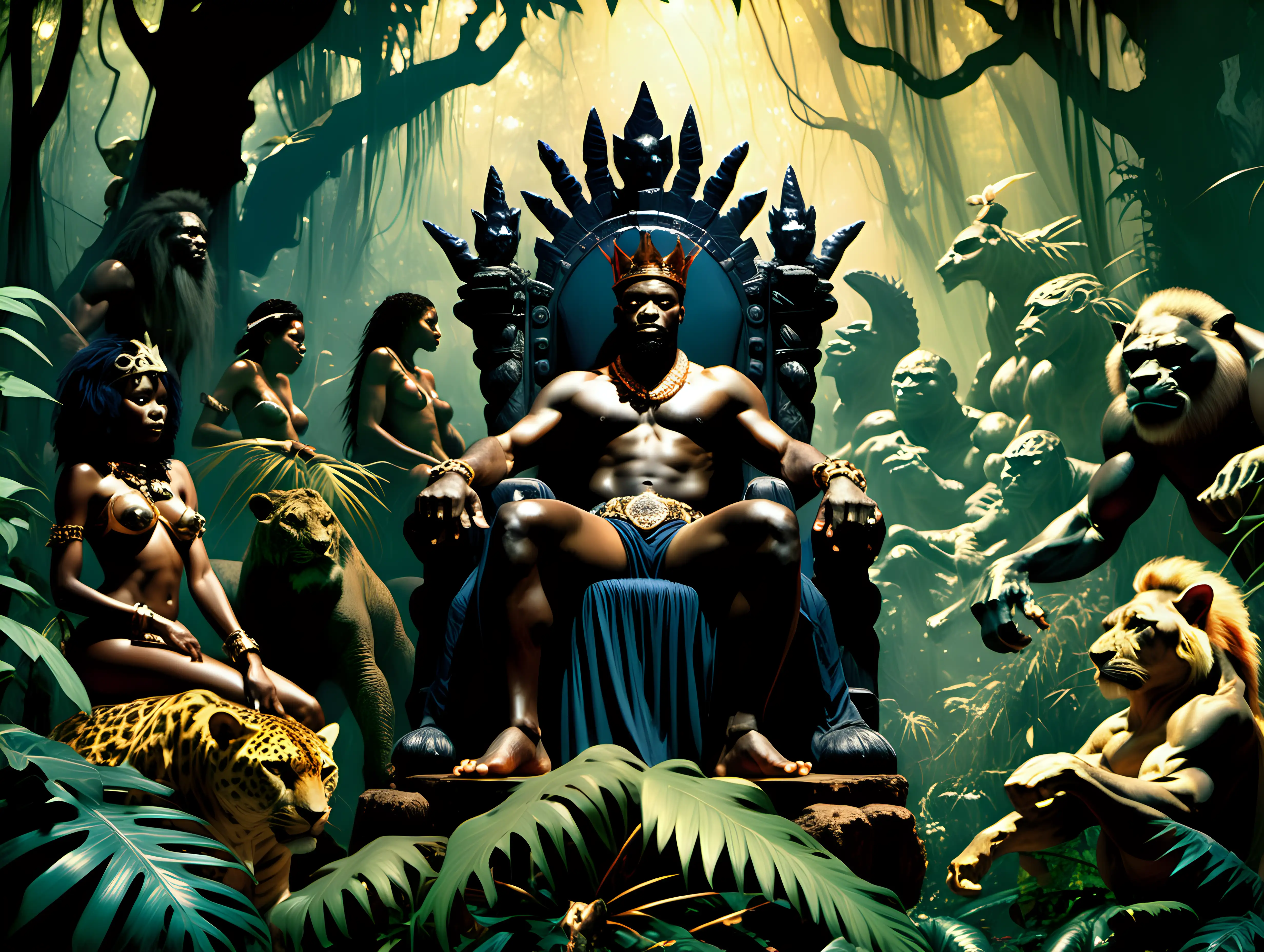 African king sitting on his throne in an enchanted forest surrounded by jungle creatures photo realistic frank frazetta style